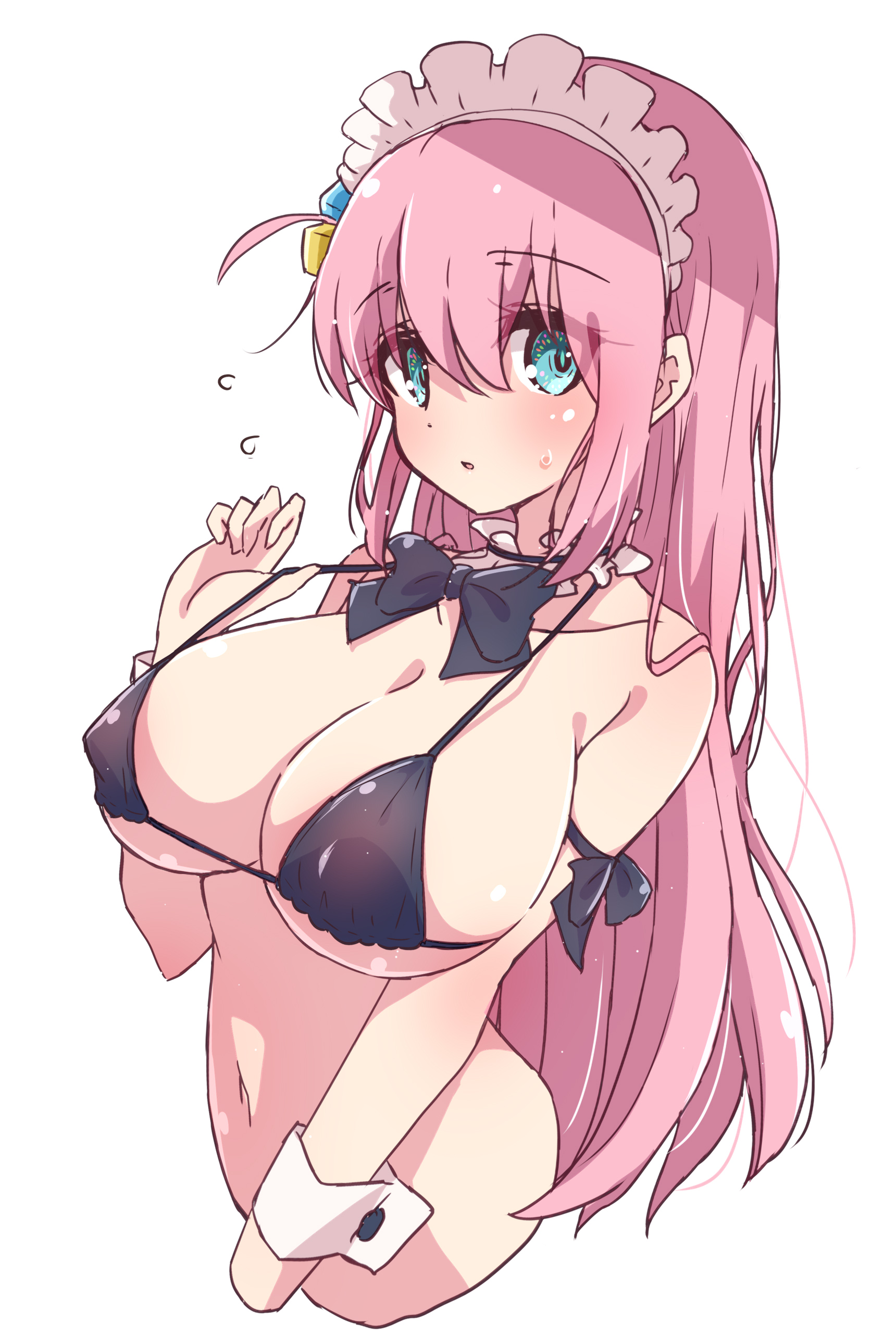 1girls, bikini, blue eyes, blush, bocchi the rock!, bowtie, breasts, cleavage, covered nipples, cuffs (clothing), female, gotou hitori, headband, long hair, looking at viewer, melty pot, midriff, navel, pink hair, sideboob, small bikini, tagme, underboob