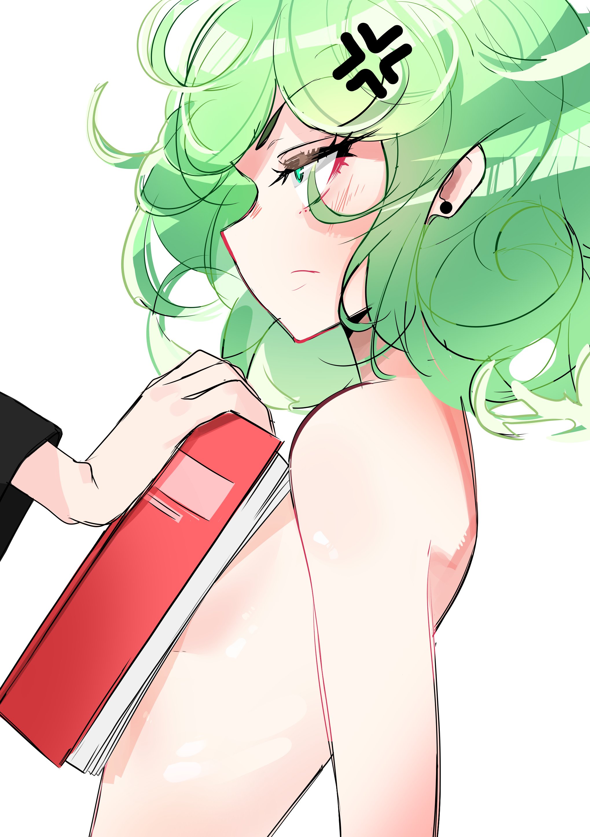 2girls, book, book covering breasts, breasts, covered breasts, covered nipples, female, female focus, female only, fubuki (one-punch man), green hair, light skin, light-skinned female, meme, one-punch man, ouch meme, sleepingmarlon2, small breasts, tatsumaki, white background