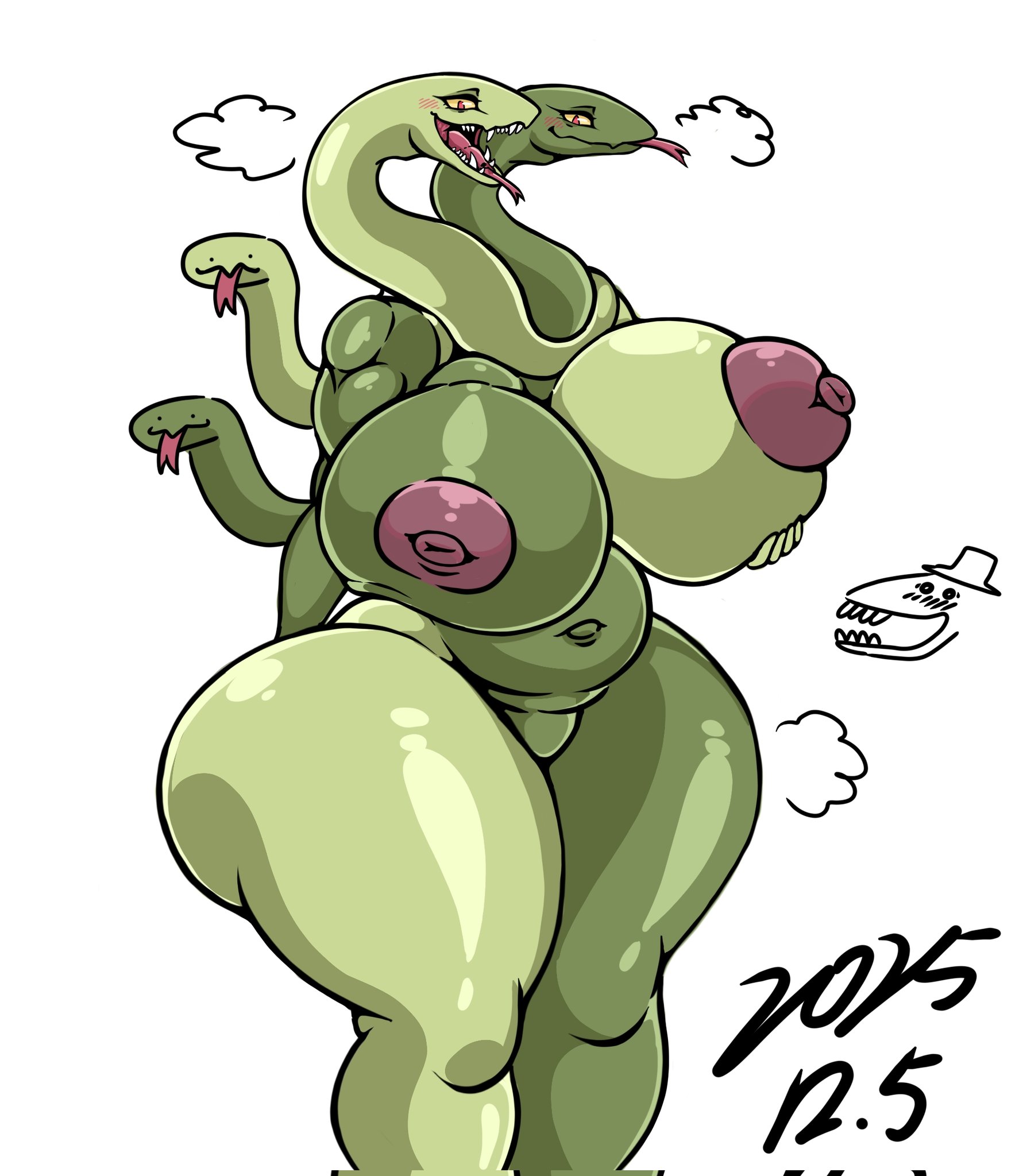 adventure time, anthro, areola, big breasts, blush, breasts, cartoon network, female, forked tongue, green body, green scales, hi res, huge breasts, life (adventure time), mrblack eye2, nipples, nude, open mouth, reptile, scales, scalie, simple background, snake, solo, standing, thick thighs, tongue, tongue out, white background, wide hips