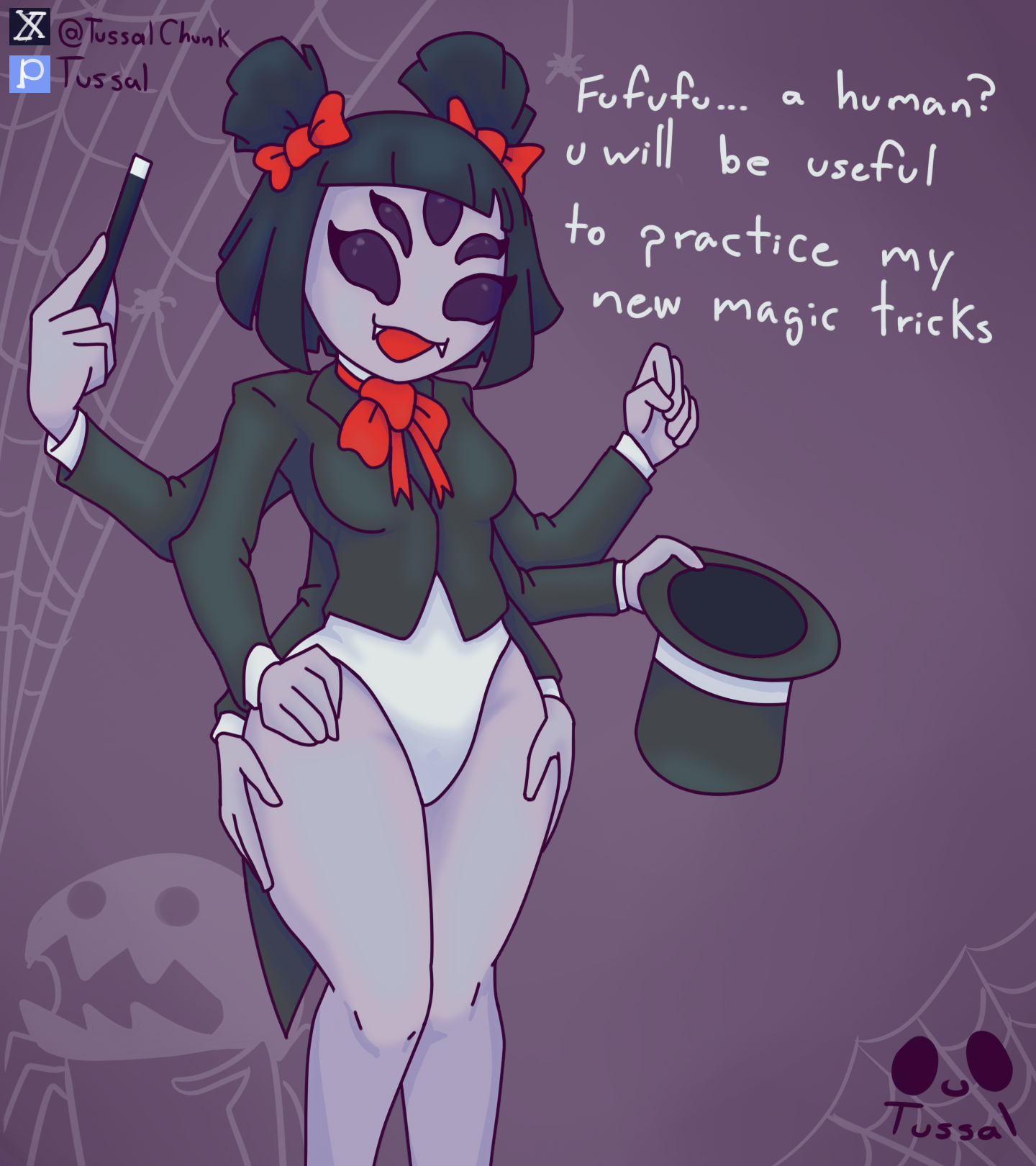 1girls, 5 eyes, big breasts, black eyes, black sclera, breasts, clothing, english, english text, female, leotard, magician, magician hat, magician tuxedo, monster girl, muffet, multi eye, ribbon, solo, spider girl, spider web, tagme, thick thighs, tussal, undertale, undertale (series), watermark