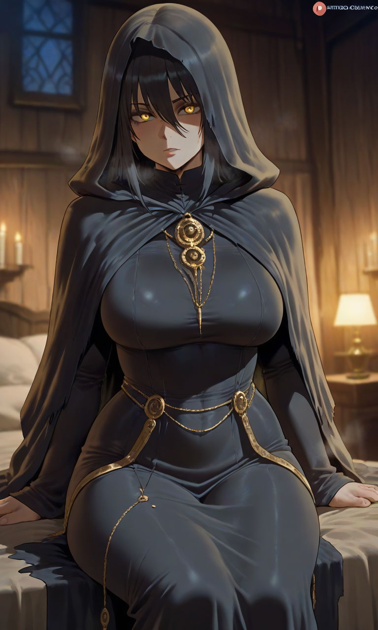ai generated, all black, bigbizarts, cloak, curvy figure, female, goth girl, gown, hood, original character, shadow cloak, yellow eyes