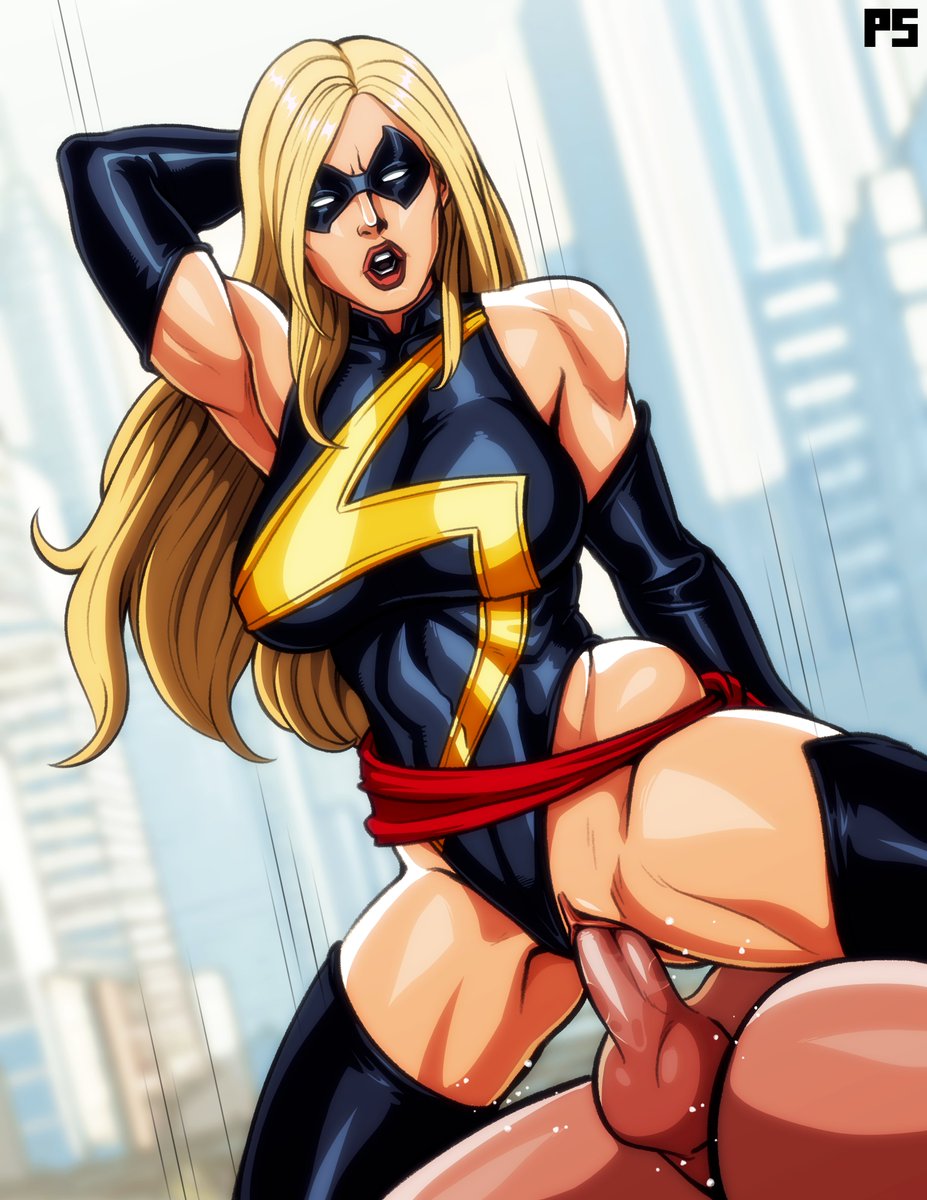 1boy 1girls bare_shoulders big_breasts black_gloves blonde_female blonde_hair boots breasts carol_danvers city elbow_gloves female gloves highres leotard leotard_aside long_hair male marvel marvel_comics mask ms._marvel pumpkinsinclair pussy red_lips red_sash sash sex superhero_costume superheroine thick_thighs thigh_boots thighhighs thighs vaginal_penetration wide_hips