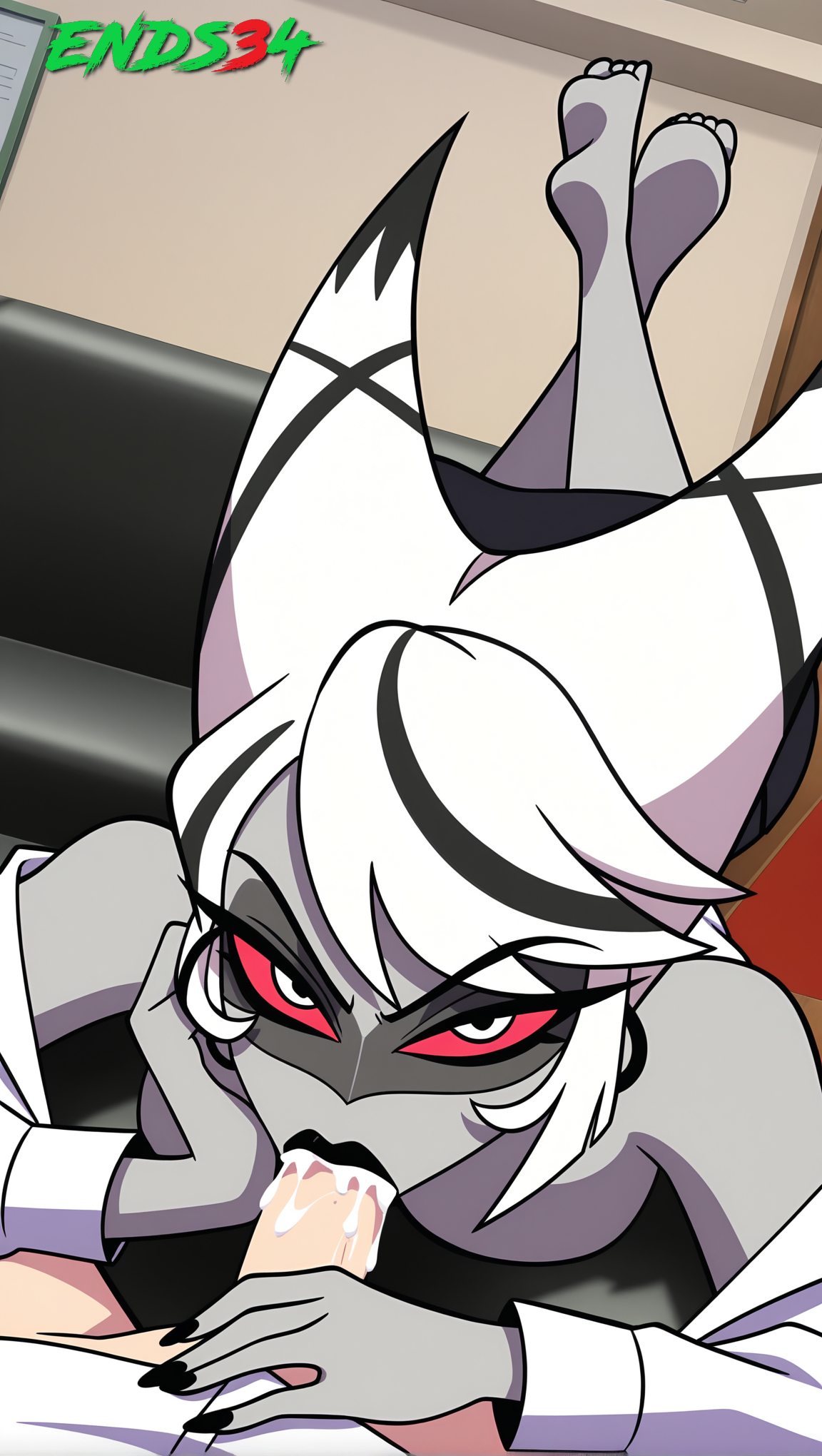 ai generated, big breasts, blowjob, breasts, carmilla carmine, cum in mouth, ends34, female, hazbin hotel, male, milf, office lady, penis