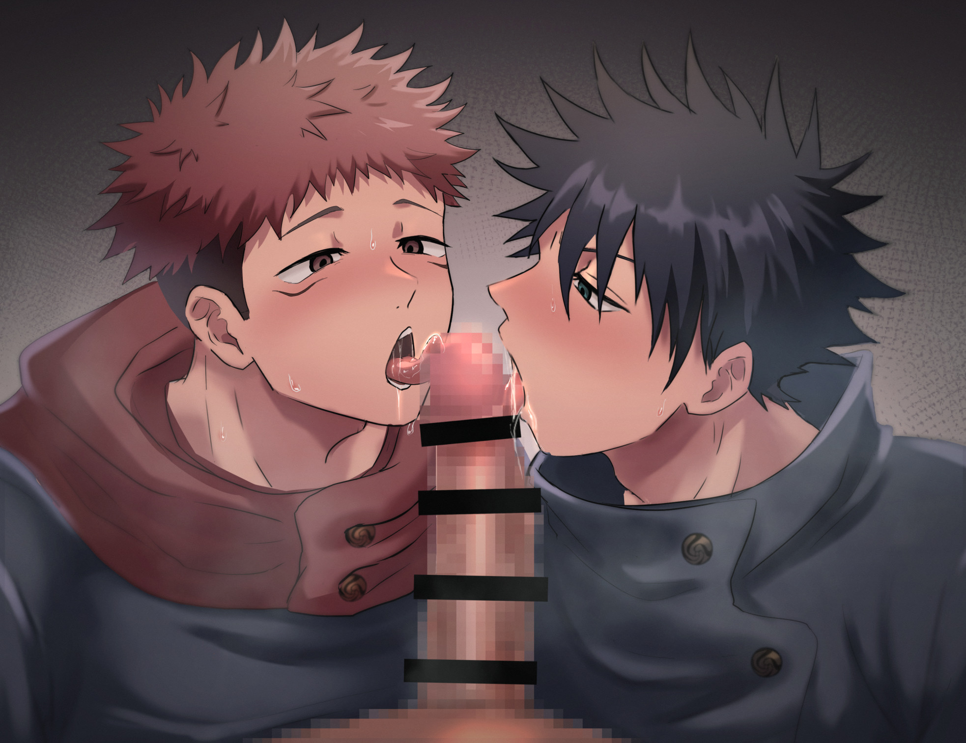 blush, censored, censored penis, fushiguro megumi, gay, itadori yuuji, jujutsu kaisen, licking penis, male, male only, mosaic censoring, penis, saliva trail, tongue, tongue out, yaoi
