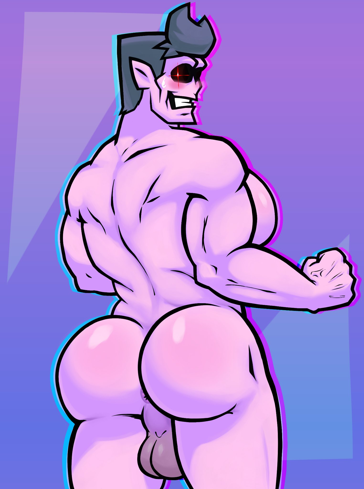 1boy, ages (artist), anus, ass, ass focus, backsack, balls, biceps, big ass, big butt, blush, blushing, bubble ass, bubble butt, butt, completely nude, daddy dearest, dat ass, dat butt, demon, exposed anus, fat ass, fat butt, friday night funkin, gay, grey hair, huge ass, huge butt, humanoid, large ass, large butt, looking back, male, male only, muscular, muscular male, pointy ears, purple skin, round ass, round butt, smile, solo, solo male, sweat, thick ass, thick butt, yaoi