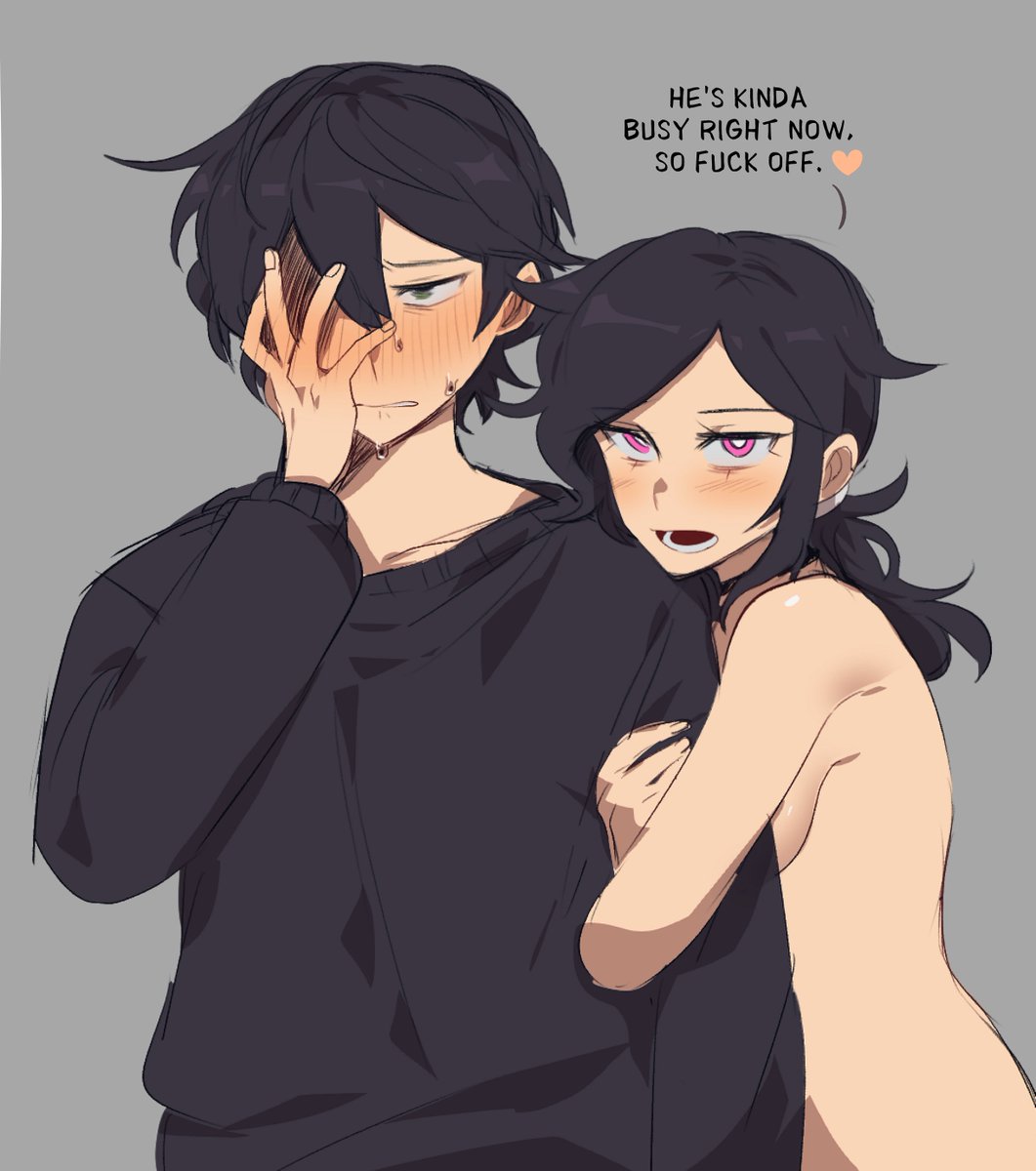 1boy, 1girls, 2d, andrew graves, asagaofool, ashley graves, black hair, blush, breasts, breasts pressed against partner, brother and sister, choker, clothed, clothed male nude female, dialogue, embarrassed, english text, female, holding arm, hugging arm, incest, looking at viewer, male, nude, nude female, nude female clothed male, offscreen character, pink eyes, ponytail, siblings, sweat, sweating, the coffin of andy and leyley