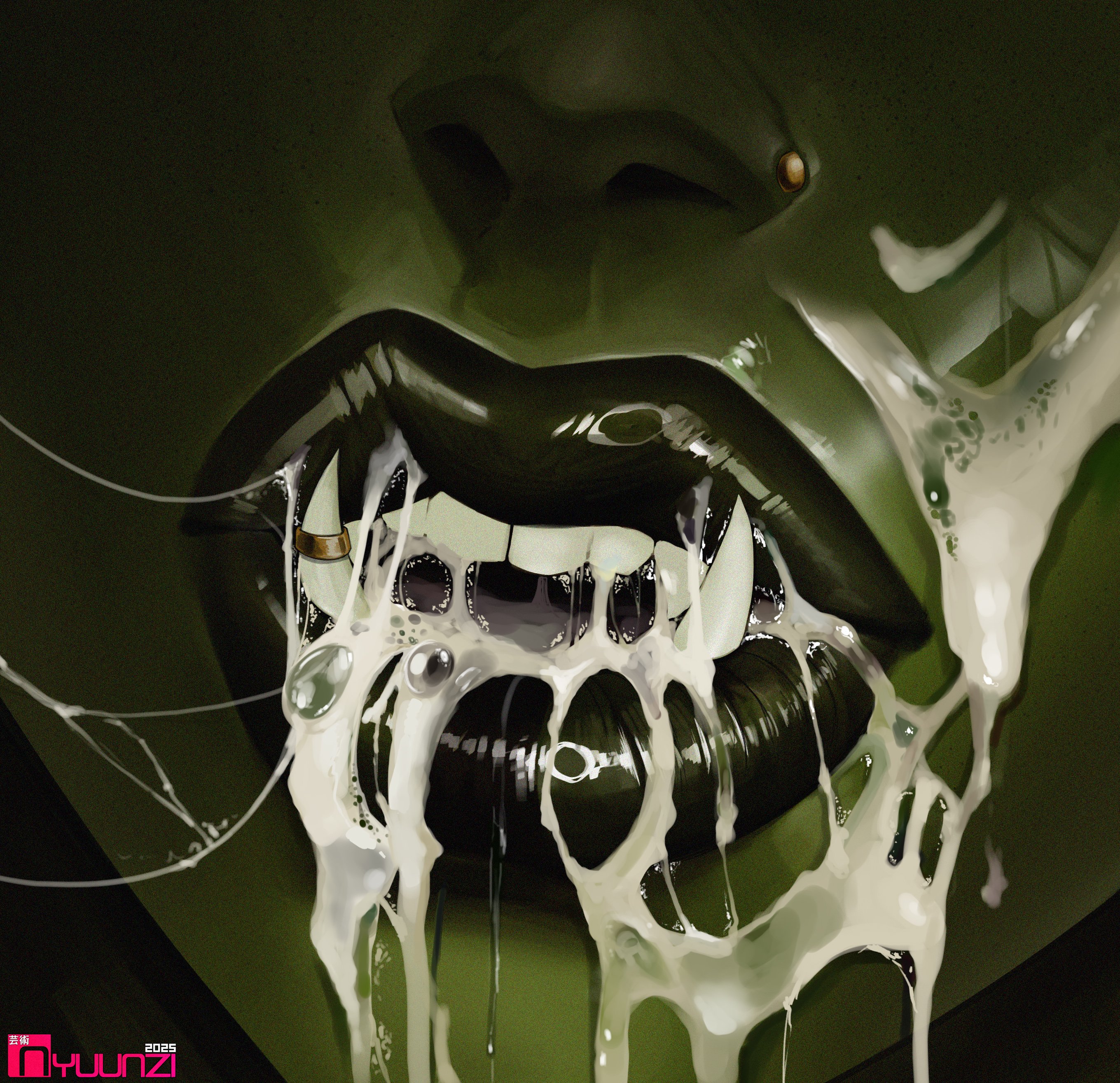 after fellatio, after oral, after sex, close-up, cum, cum in mouth, cum inside, cum on face, cum on mouth, female, green skin, green-skinned female, lips, nose piercing, nyuunzi, orc, orc female, original, piercing, solo, solo female, thick lips, tusk ring, tusks