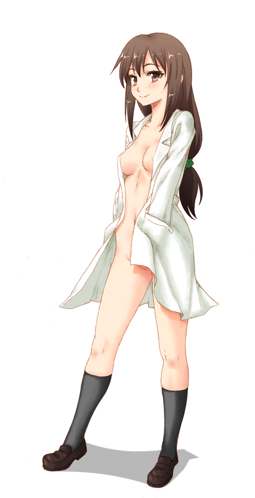 blush boku_wa_tomodachi_ga_sukunai breasts brown_eyes brown_hair female hands_in_pockets kesuida labcoat long_hair open_clothes pussy pussy_peek shiguma_rika simple_background smile solo white_background