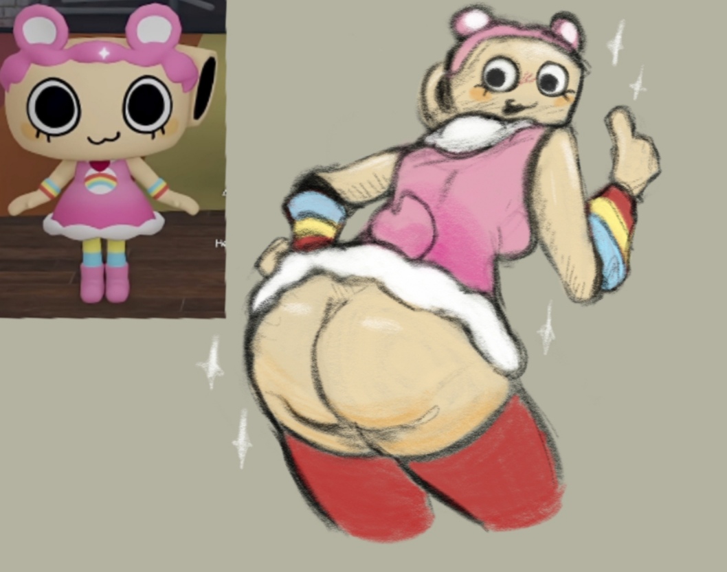 1girls, ass focus, bear ears, bear tail, big ass, care bears, cheer bear shelly, clothed, clothed female, clothing, cute expression, dandy's world, female, pink clothing, reference image, self upload, shell, shelly (dandy's world), simple background, solo female, tagme