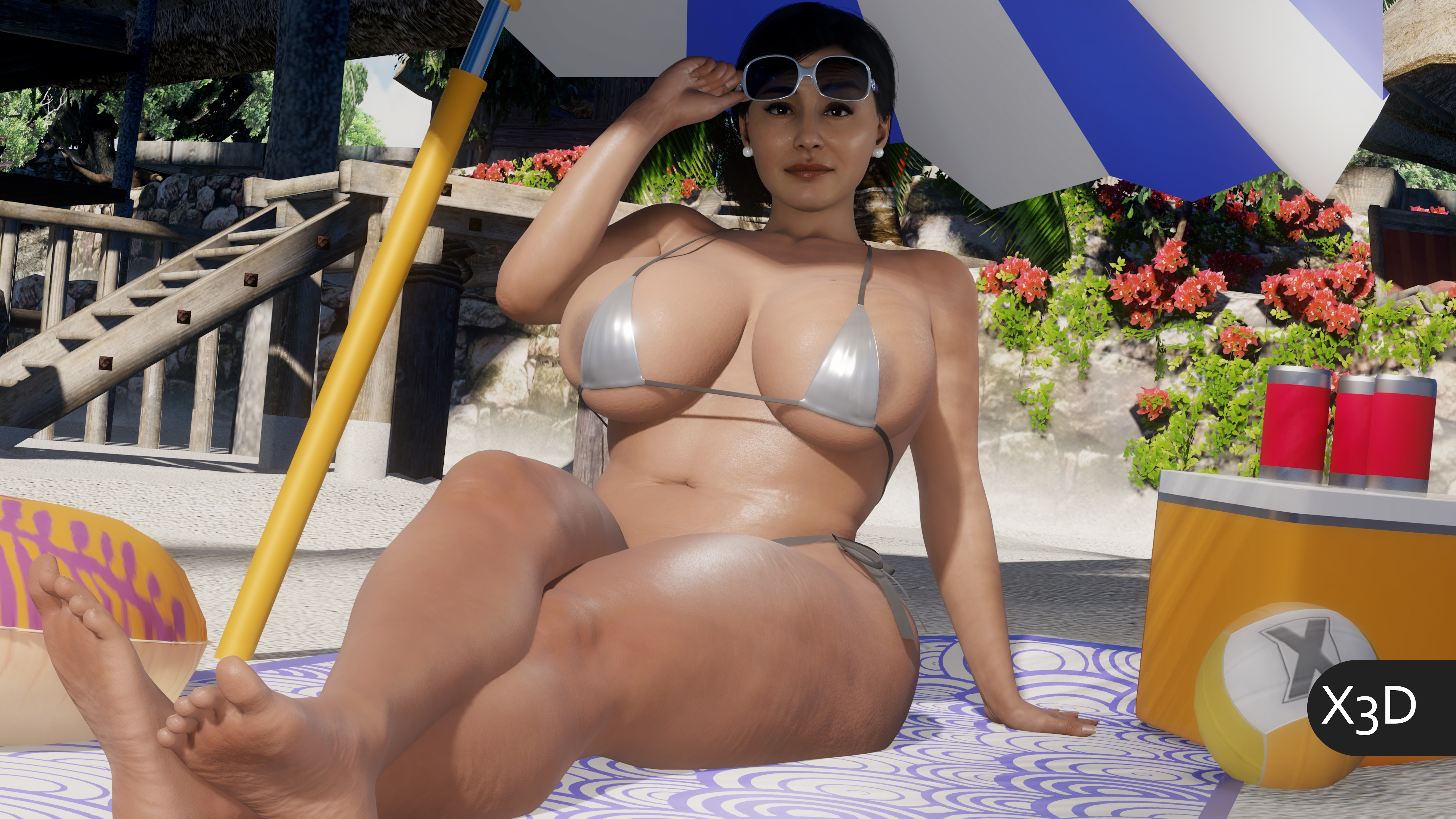 1girls, 3d, 3d (artwork), ass, barefoot, beach, beauty mark, beauty mark on breasts, big ass, big breasts, breasts, bubble ass, bubble butt, feet, female, female only, huge breasts, laying on stomach, looking at viewer, looking back, marvel, marvel comics, milf, older female, outdoors, partially visible vulva, pussy, rio morales, rio morales (insomniac), solo, spider-man (ps4), spider-man (series), spider-man 2 (ps5), spider-man: miles morales (ps5), tan body, voluptuous, wide hips, x3d