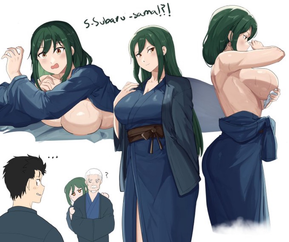  e v o n 0, akihitoevon, big breasts, breasts, caught undressing, crusch karsten, embarrassed, female, hiding behind another, kimono, natsuki subaru, re:zero kara hajimeru isekai seikatsu, shy, undressing, visible breasts, wilhelm van astrea