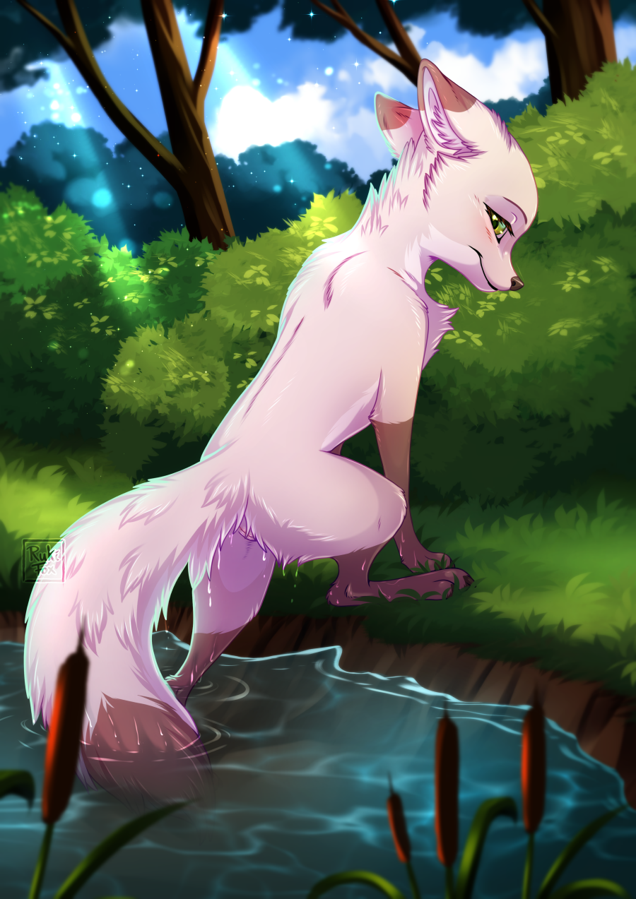 2025 blush canid canine claws day digital_media_(artwork) feet female feral fox fur genitals green_eyes hi_res inner_ear_fluff looking_at_viewer looking_back looking_back_at_viewer mammal outside pink_body pink_fur pink_tail pussy quadruped rear_view rukifox smile solo tail toe_claws toes tuft water wet wet_body wet_fur