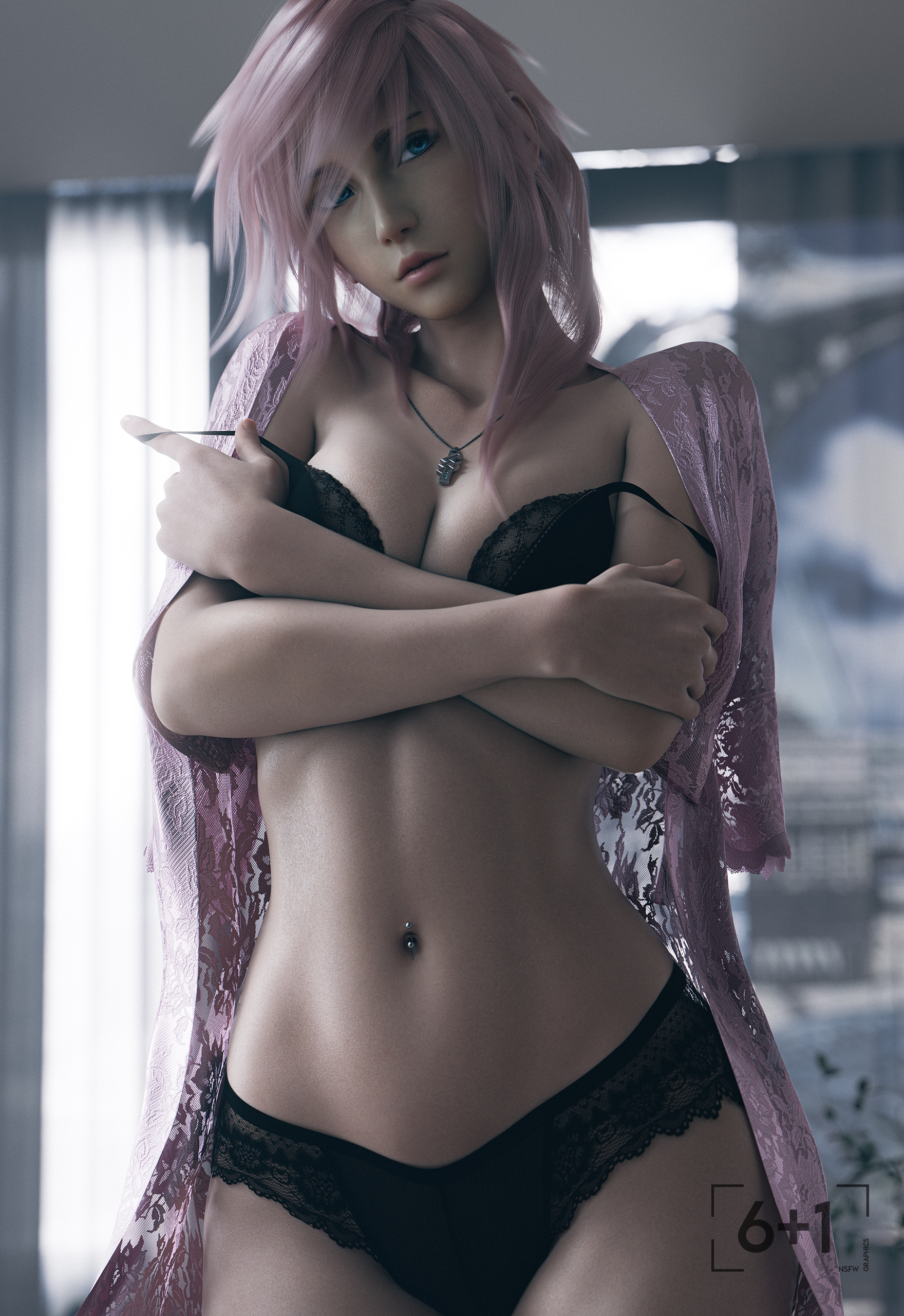 1girls, 2025, 3d, bra strap, bra strap down, detailed background, eclair farron, female, female only, female torso, final fantasy, final fantasy xiii, final fantasy xiii-2, indoors, lightning returns: final fantasy xiii, lingerie, lingerie only, navel, navel piercing, sixplusone, soft color, solo, square enix, tagme