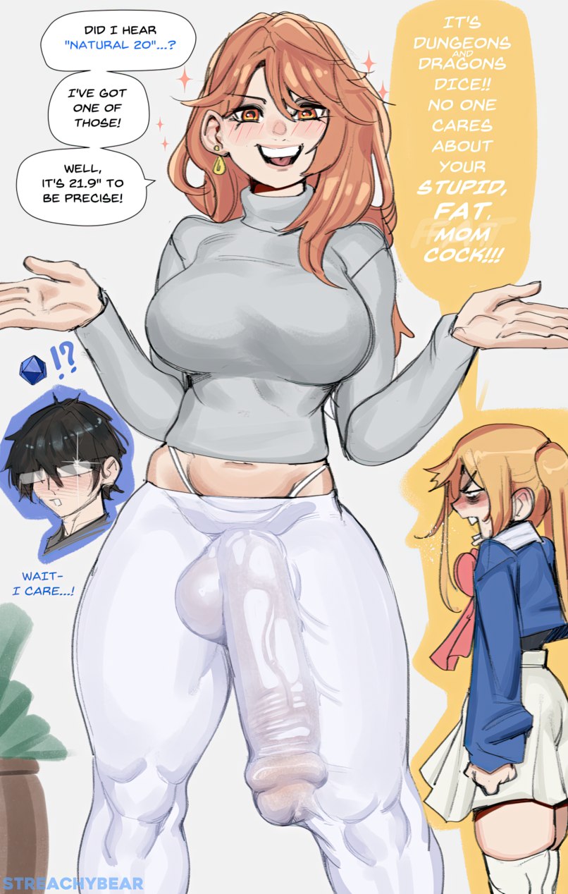 1futa bulge clothed clothing dialogue futa_focus futanari gigantic_penis hoshino_ruby huge_breasts huge_cock human intersex light-skinned_futanari light_skin mostly_clothed oshi_no_ko revealing_clothes saitou_miyako solo_focus standing streachybear text tight_clothing
