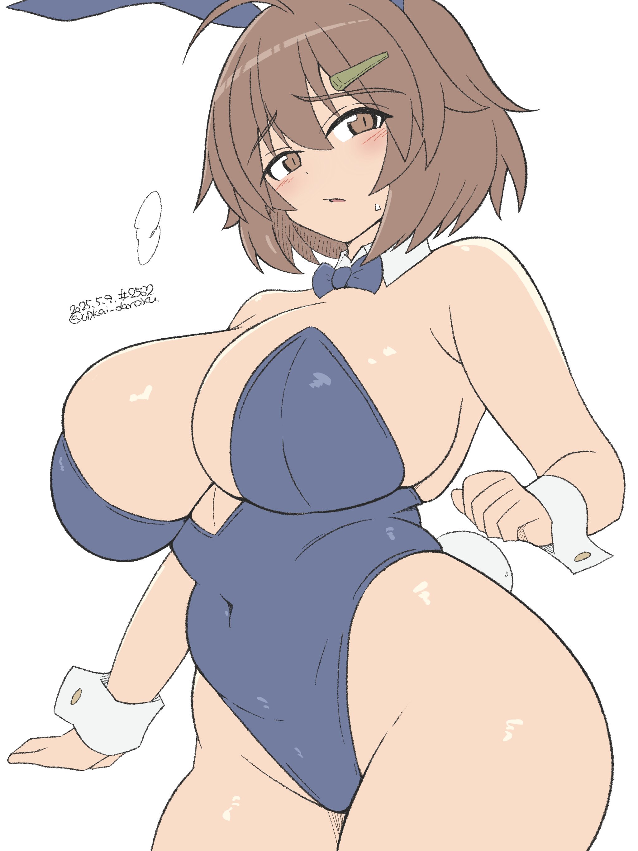 1girls, brave witches, breasts, brown hair, bunny ears, bunny tail, bunnysuit, female, huge breasts, karibuchi hikari, large breasts, plump, short hair, strike witches, unkai daraku, world witches series