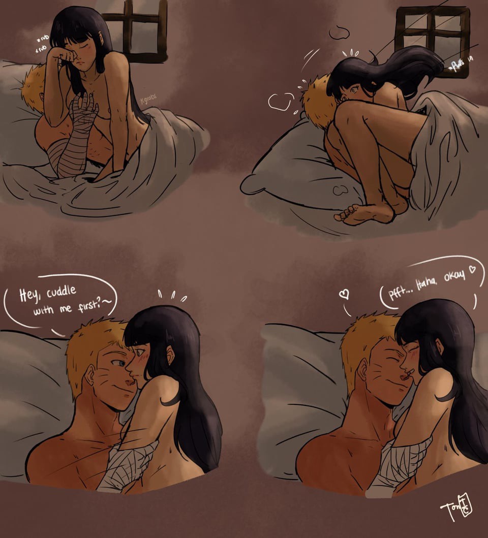 1boy 1girls artist_request black_hair blonde_hair blue_eyes blush canon_couple cuddling english_text female grabbing_breasts husband_and_wife hyuuga_hinata long_hair male naruto text uzumaki_naruto wholesome