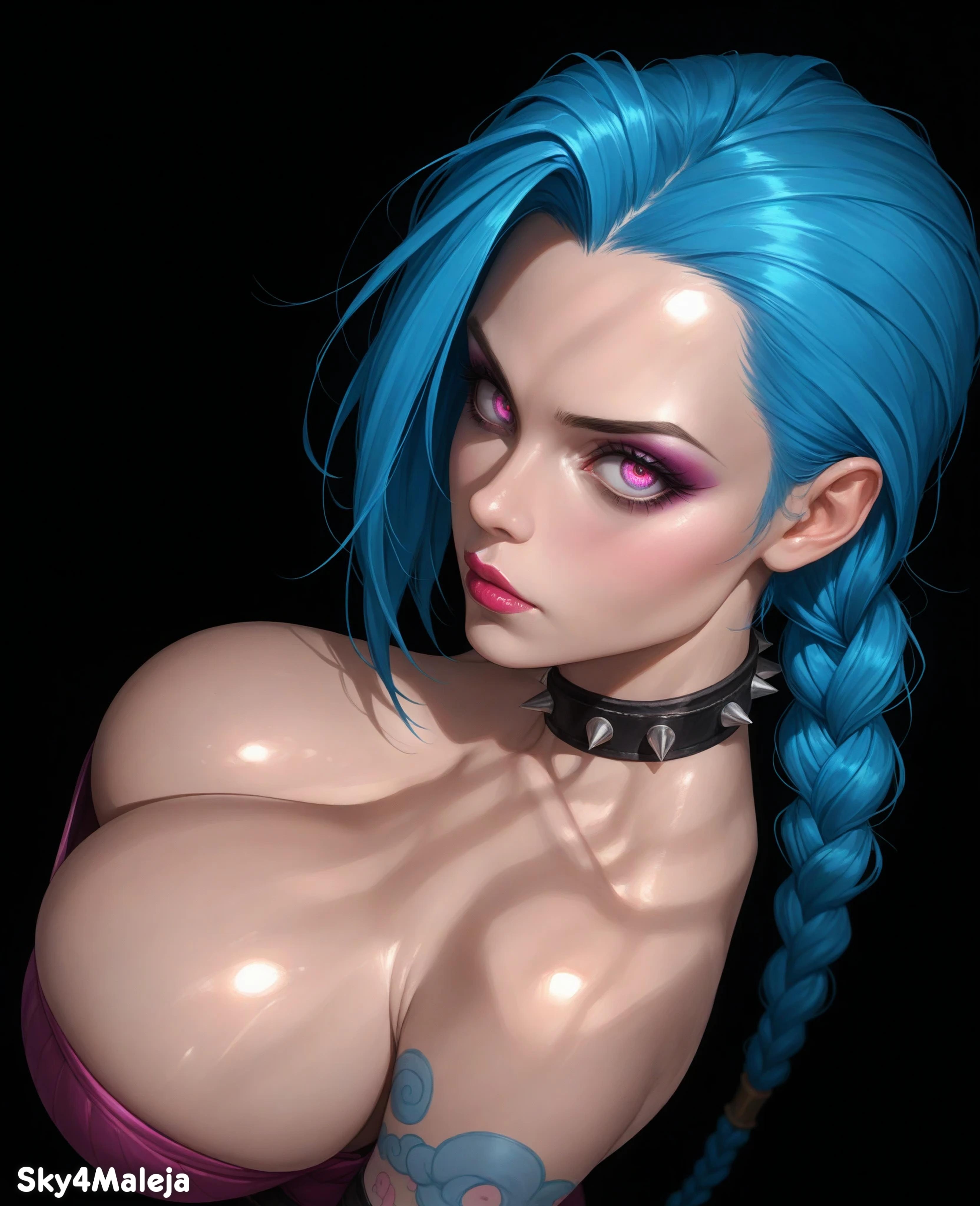 1girls, ai generated, big breasts, bolt on tits, braid, breast implants, breasts, choker, cleavage, dress, enhanced breasts, fake breasts, female, huge breasts, jinx (league of legends), large breasts, league of legends, long hair, silicone, silicone implants, sky4maleja, solo, tattoo