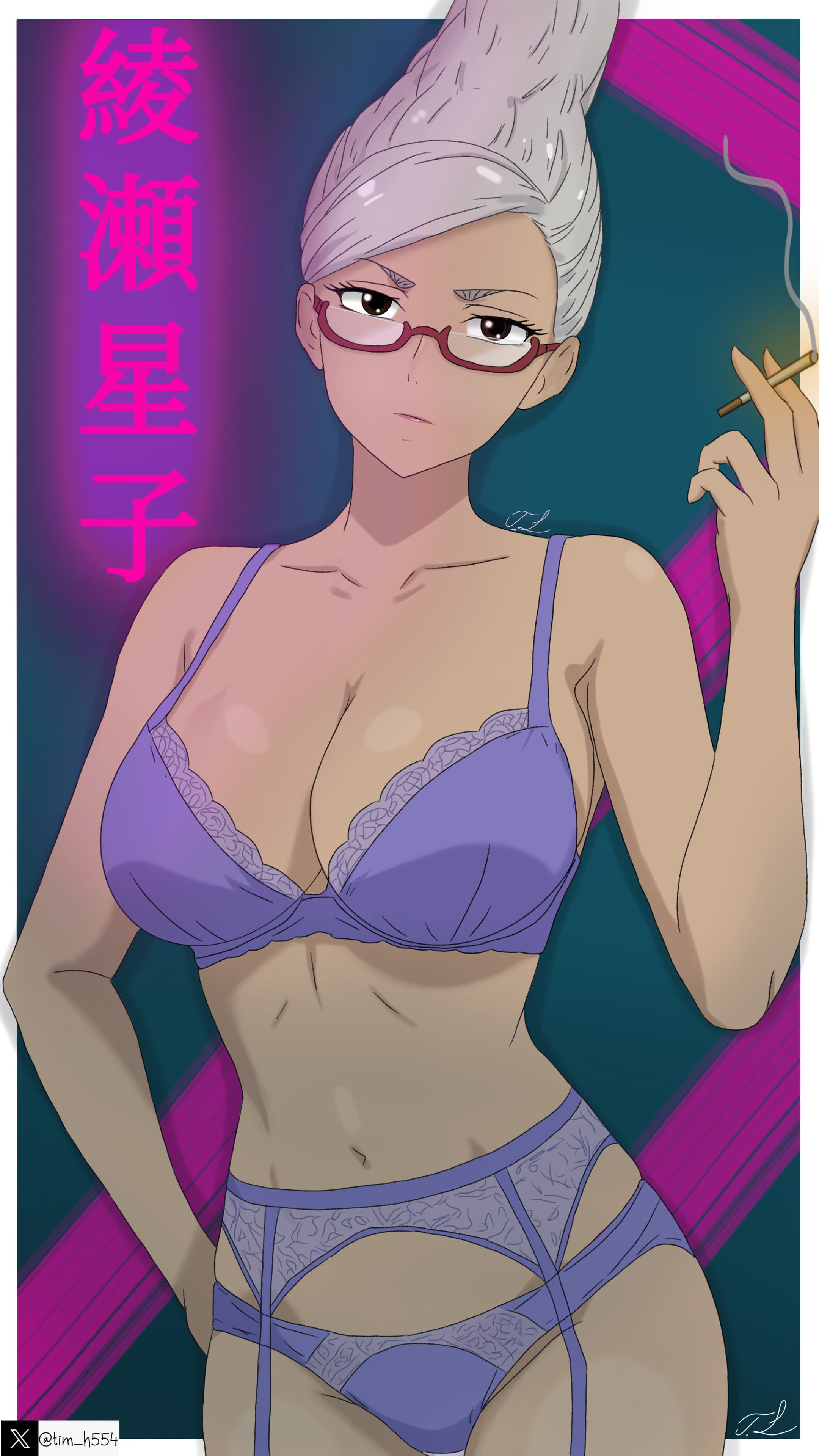 2d (artwork), annoyed, annoyed expression, artist name, ayase seiko, black eyes, cigarette, dandadan, female, garter belt, gilf, glasses, granny, grey hair, kanji, lingerie, neon lights, pose, red glasses, signature, smoke, tagme, tim heyderich, twitter username, underwear, white hair