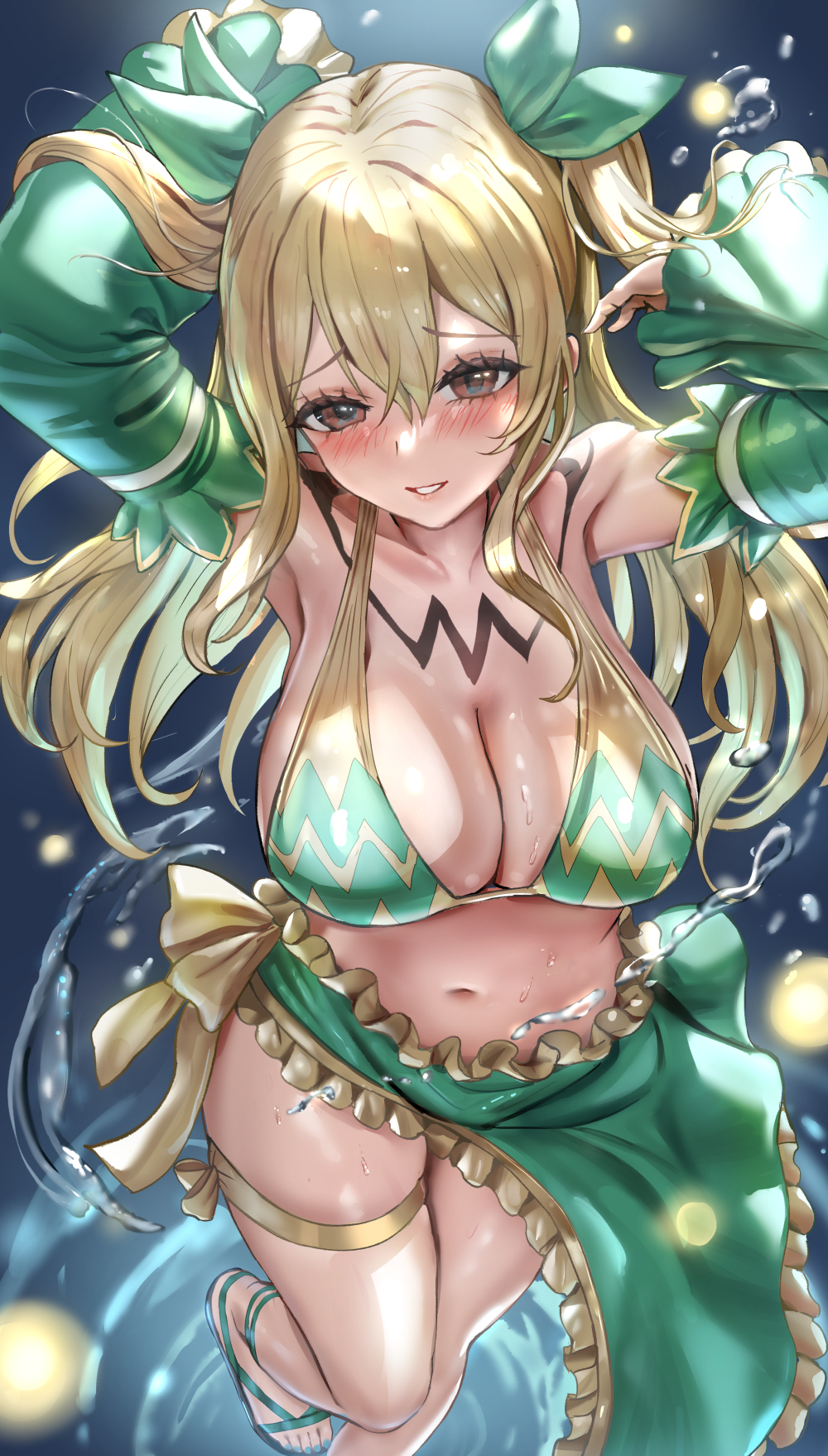 1girls, arms up, bikini, blonde hair, blonde-haired female, blue nails, blush, body markings, breasts, brown eyes, chest tattoo, detached sleeves, fairy tail, female, green bikini, green sarong, green sleeves, highres, himonoata, large breasts, long hair, looking at viewer, lucy heartfilia, nail polish, parted lips, sandals, sarong, solo, swimsuit, thigh strap, toenail polish, toenails, two side up, very long hair, water