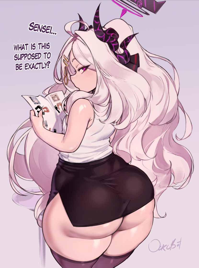 1girls, ass, ass focus, back view, blue archive, bottom heavy, breasts, bubble ass, bubble butt, female, halo, hina (blue archive), horns, huge ass, huge thighs, long hair, male, male pov, miniskirt, ourobot, petite female, sensei (blue archive), shortstack, small breasts, text, thighhighs, white hair, wide hips