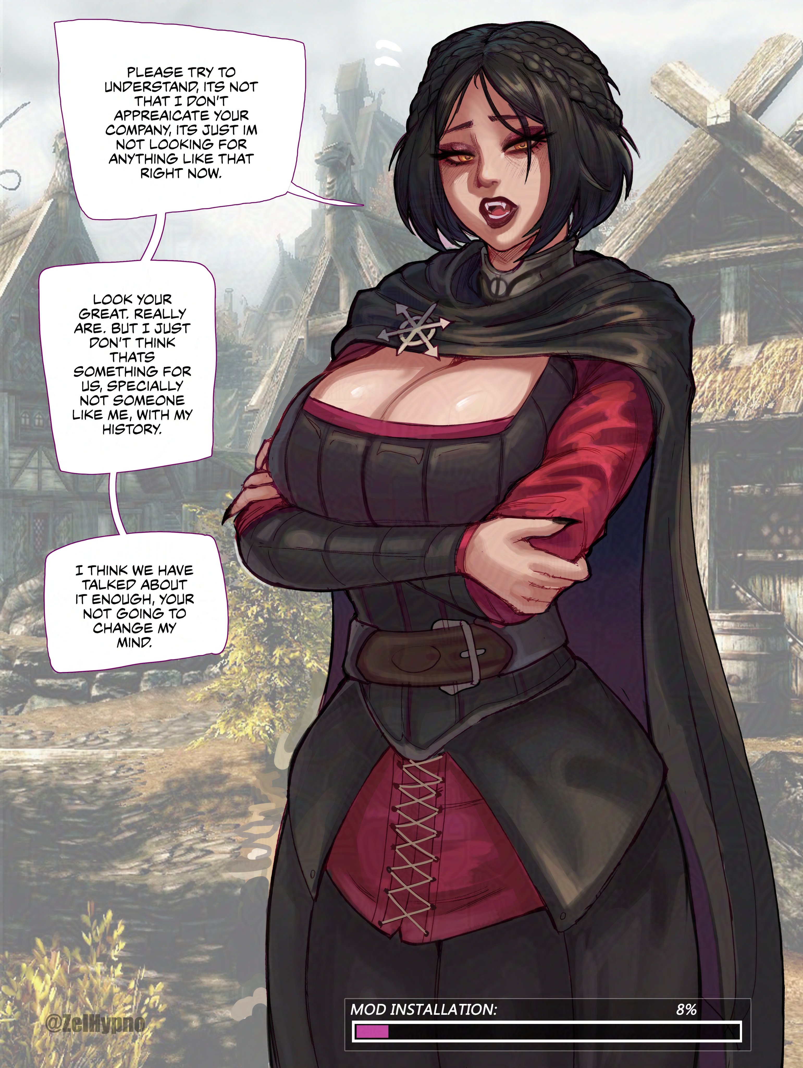 1girls, aware, bethesda softworks, bimbofication, black hair, breast expansion, breast growth, breast growth (enlargement), breasts, cape, cleavage, clothed, corruption, dialogue, english text, female, female only, femsub, huge breasts, love, mantra, open mouth, orange eyes, panties, pov, pov dom, pussy, pussy juice, revealing clothes, serana, sharp teeth, short hair, skyrim, speech bubble, standing, sweat, text, the elder scrolls, transformation, typo, underwear, zelhypno