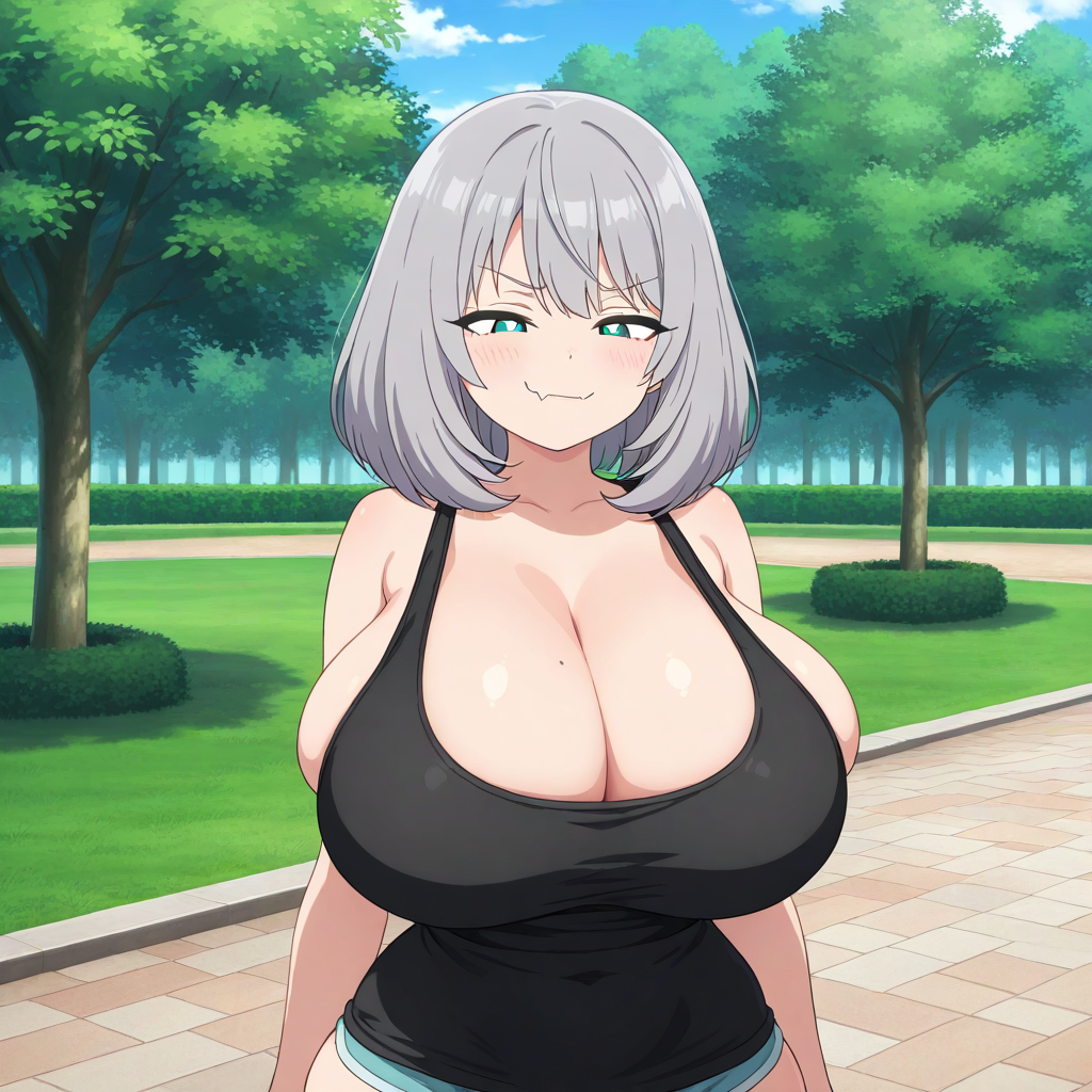 ai_generated blue_eyes huge_breasts silver_hair skin_fang smug tejina_senpai tejina_senpai_(character)