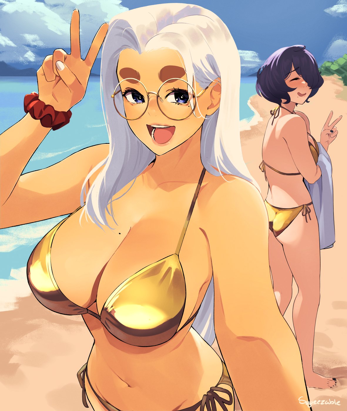 2girls, black hair, blue eyes, female, gold bikini, golden bikini, june (squeezable), nail polish, painted nails, squeezable, tagme, thick eyebrows, violet (squeezable), white hair