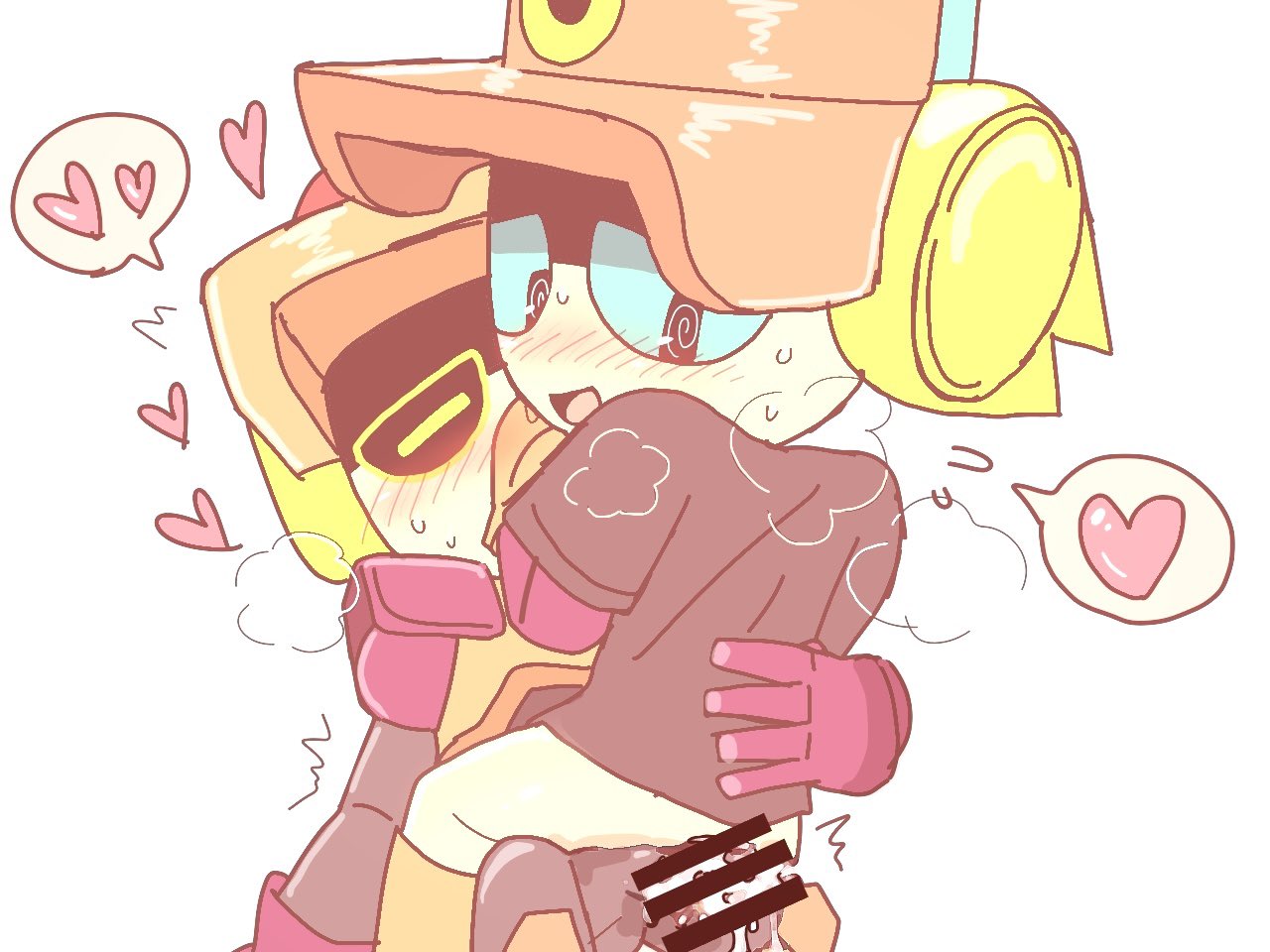 1boy, 1girls, bar censor, blue eyes, brawl stars, brother and sister, censored, female, flat chest, hat, hetero, highres, incest, larry (brawl stars), lawrie (brawl stars), light skin, light-skinned female, male, male on female, male/female, nmrsmari, robot, robot boy, robot girl, twincest, twins, yellow eyes