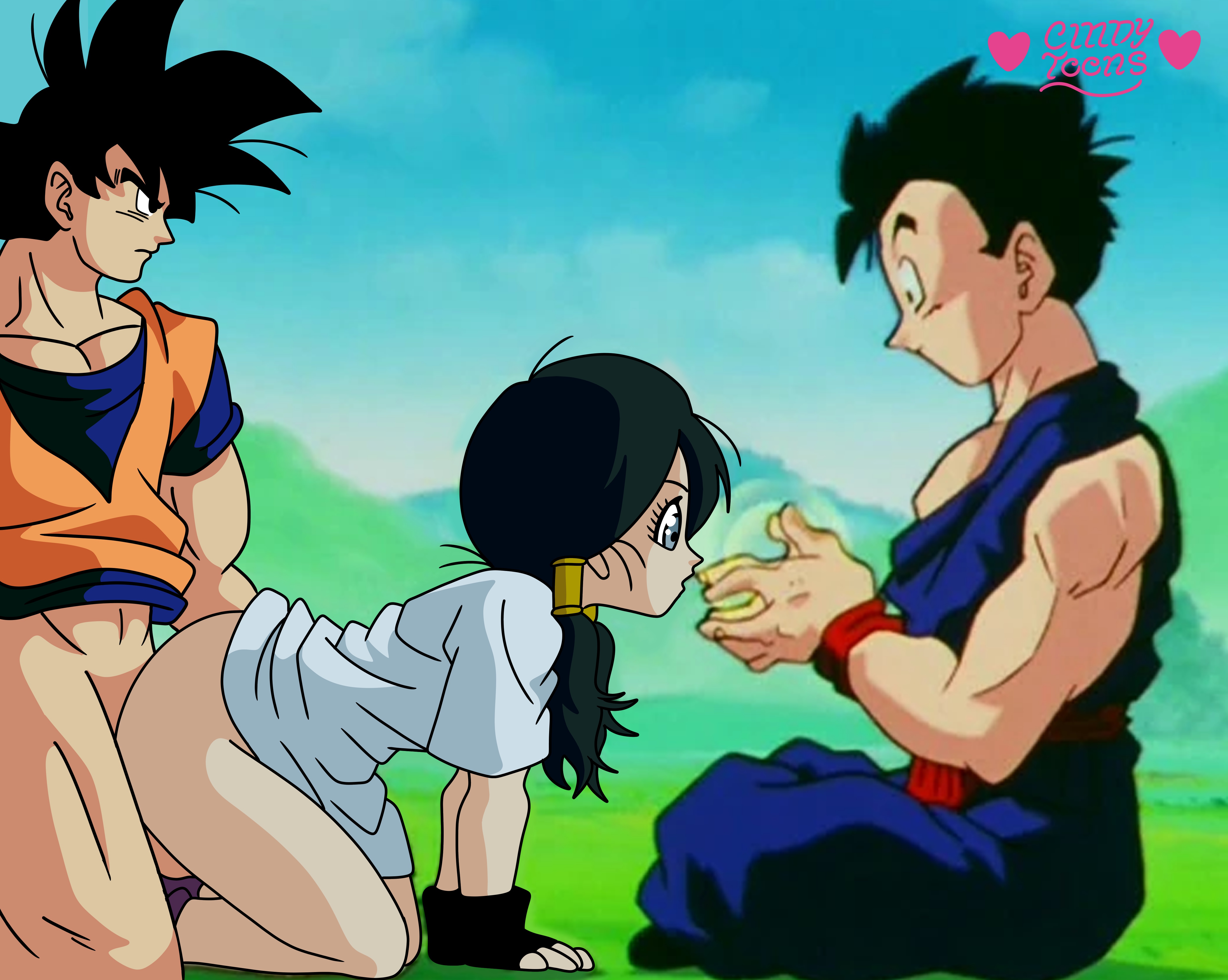 1girls, 2boys, ass, black hair, blue eyes, cheating, cheating girlfriend, cindy toons, clothed, doggy style, doggy style position, dragon ball, dragon ball z, father in law, father-in-law and daughter-in-law, female, humiliated, humiliating, humiliation, long hair, male, outdoors, ponytails, sex without condom, son gohan, son goku, twin pigtails, videl, videl (dragon ball z), videl (long hair), videl (majin buu saga)