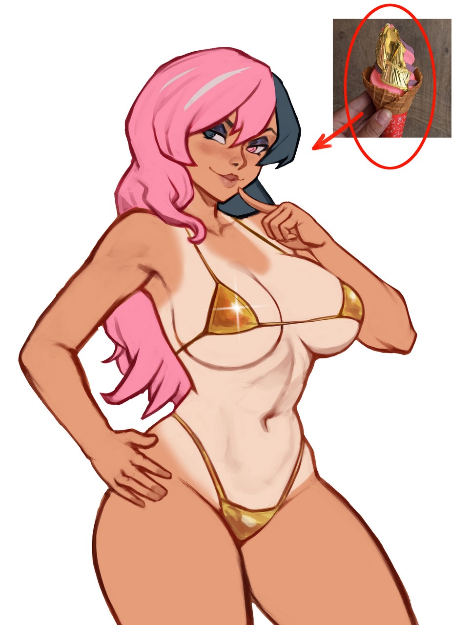 1girls, akeowi, bikini, black eyes, black hair, breasts, cleavage, female, female only, gold bikini, golden bikini, heterochromia, large breasts, multicolored hair, neo (rwby), pink eyes, pink hair, rwby, tanline, thick thighs, voluptuous