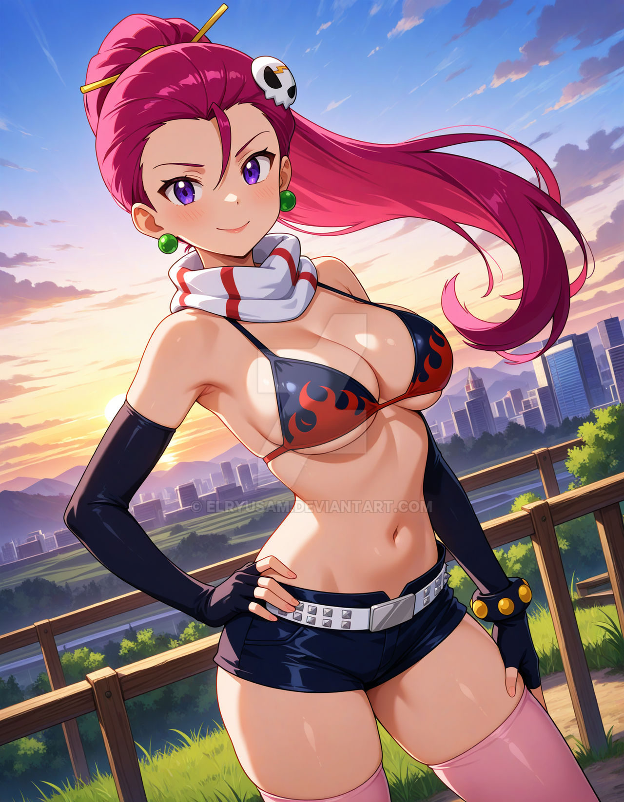 2025, 4kids entertainment, ai generated, anime, belly, cosplay, crunchyroll, deviantart, elryusam, female, green earrings, jessie (pokemon), meta, netflix, nintendo, not porn, pink hair, pokemon, purple eyes, team rocket, tengen toppa gurren lagann, tummy, yoko littner, yoko littner (cosplay)