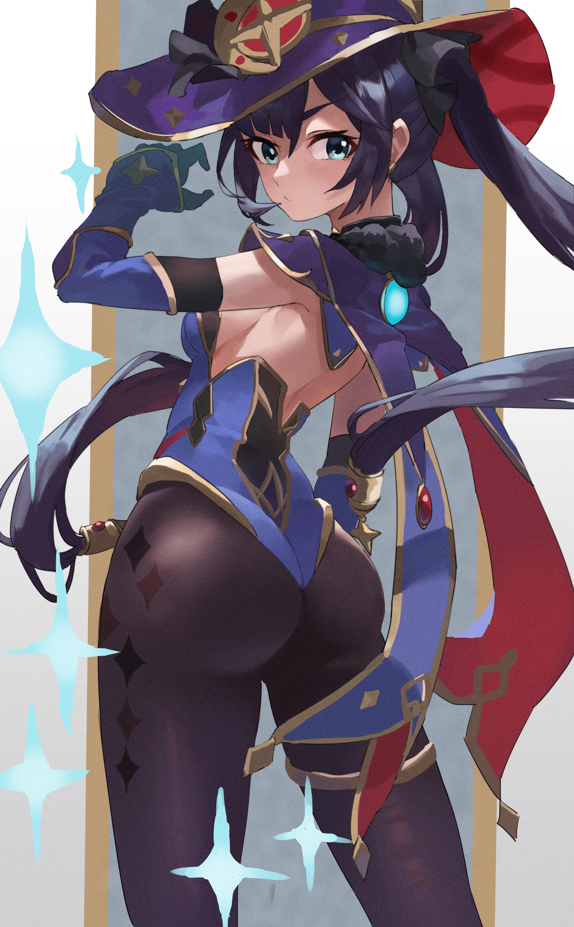 absurdres, ass, black hair, black pantyhose, blue eyes, breasts, cape, detached collar, detached sleeves, feipin zhanshi, female, from behind, genshin impact, gloves, hat, highres, jewelry, long hair, looking at viewer, looking back, medium breasts, mona (genshin impact), pantyhose, purple hat, shiny clothes, shiny skin, sideboob, solo, standing, thighlet, twintails, very long hair