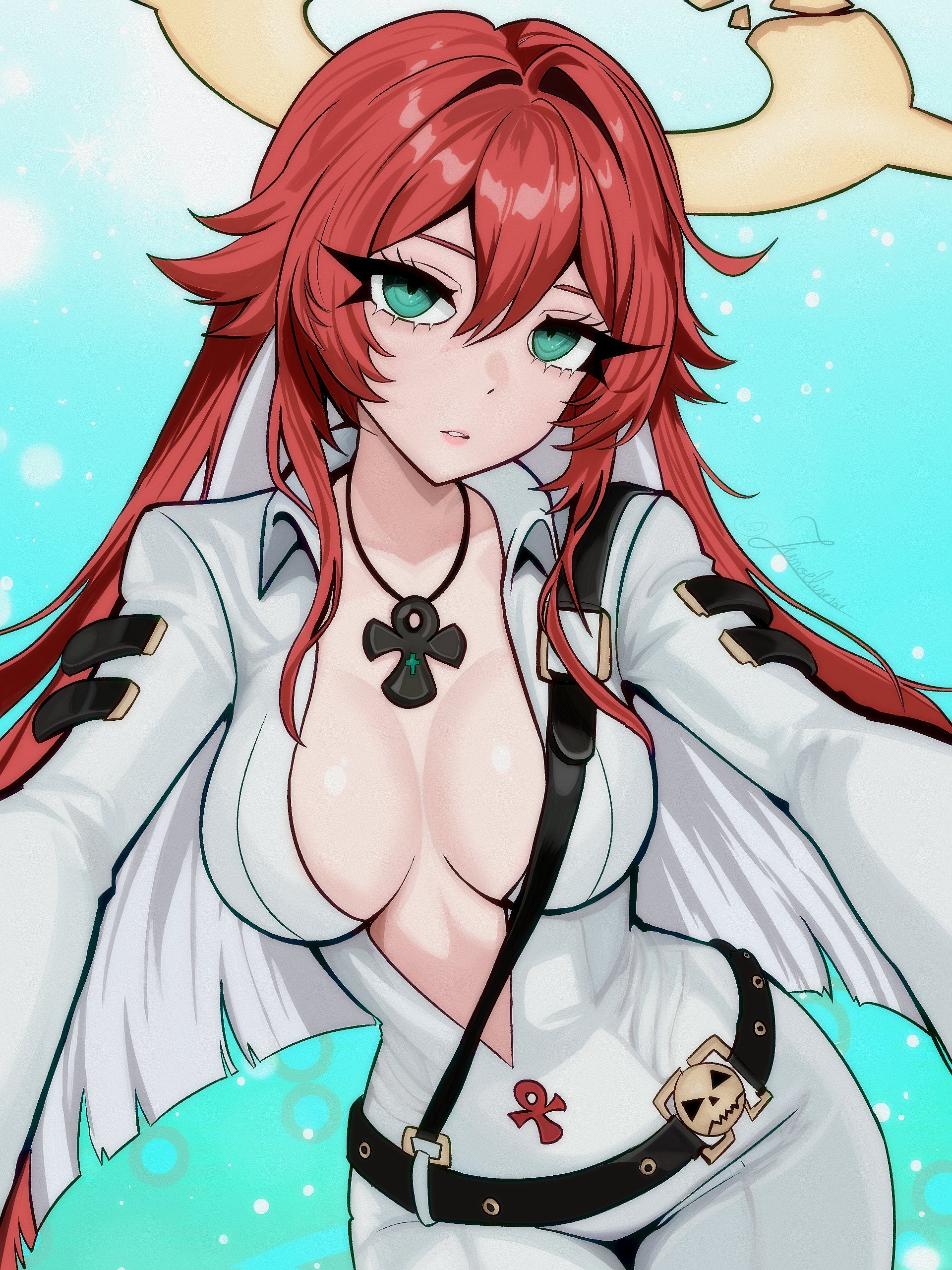 1girls, bangs, belt, black belt, bodysuit, breasts, center opening, cleavage, eyebrows visible through hair, female, female only, green eyes, guilty gear, guilty gear strive, jack-o' valentine, jewelry, junoelise, large breasts, long hair, looking at viewer, necklace, pendant, red hair, solo