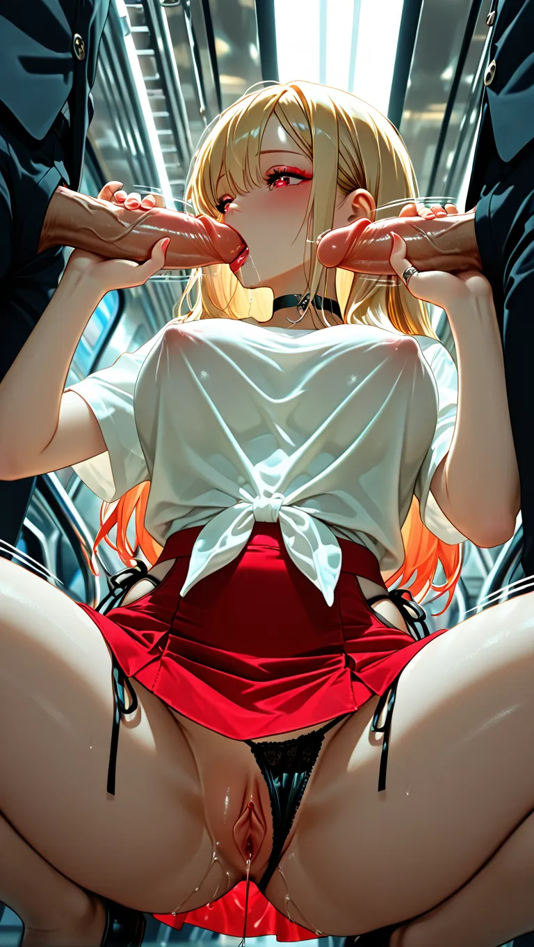 ai-generated ai_art ai_assisted ai_generated another's aside below blonde_hair blowjob breasts bukkake bulge choker cum double dutch_text erection exhibitionism fellatio female foreshortening handjob highres interior jewelry juice kitagawa_marin legs lipstick makeup nipples non-web_source oral panties penis penises public_indecency pussy ring saliva shirt sono_bisque_doll_wa_koi_wo_suru squatting stain through train underwear veins