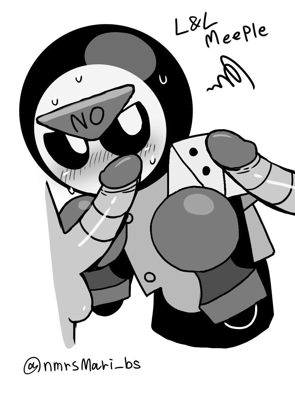 blowjob, brawl stars, gay, larry (brawl stars), lawrie (brawl stars), male, meeple (brawl stars), monochrome, nmrsmari, penis, robot, robot boy, robot penis, yaoi