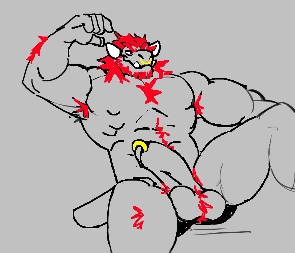 anthro armpit armpit_hair balls bara body_hair boner bowser erection facial_hair genericboxhead male male_only mario_(series) monochrome muscles muscular nintendo nude penis penis_piercing scalie solo solo_male