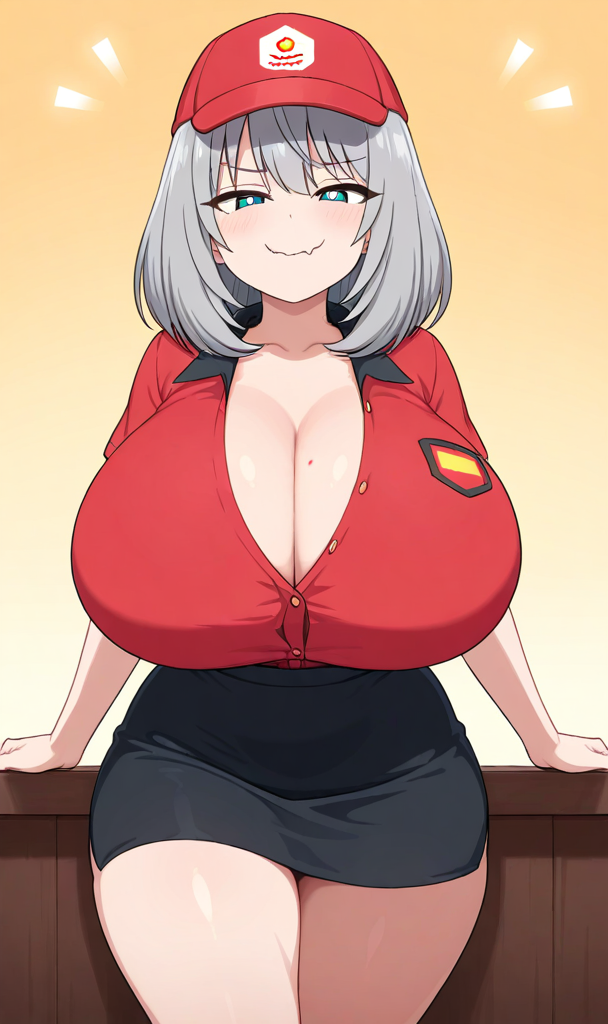 ai_generated blue_eyes huge_breasts pizza pizza_delivery silver_hair smug tejina_senpai tejina_senpai_(character) thick_thighs