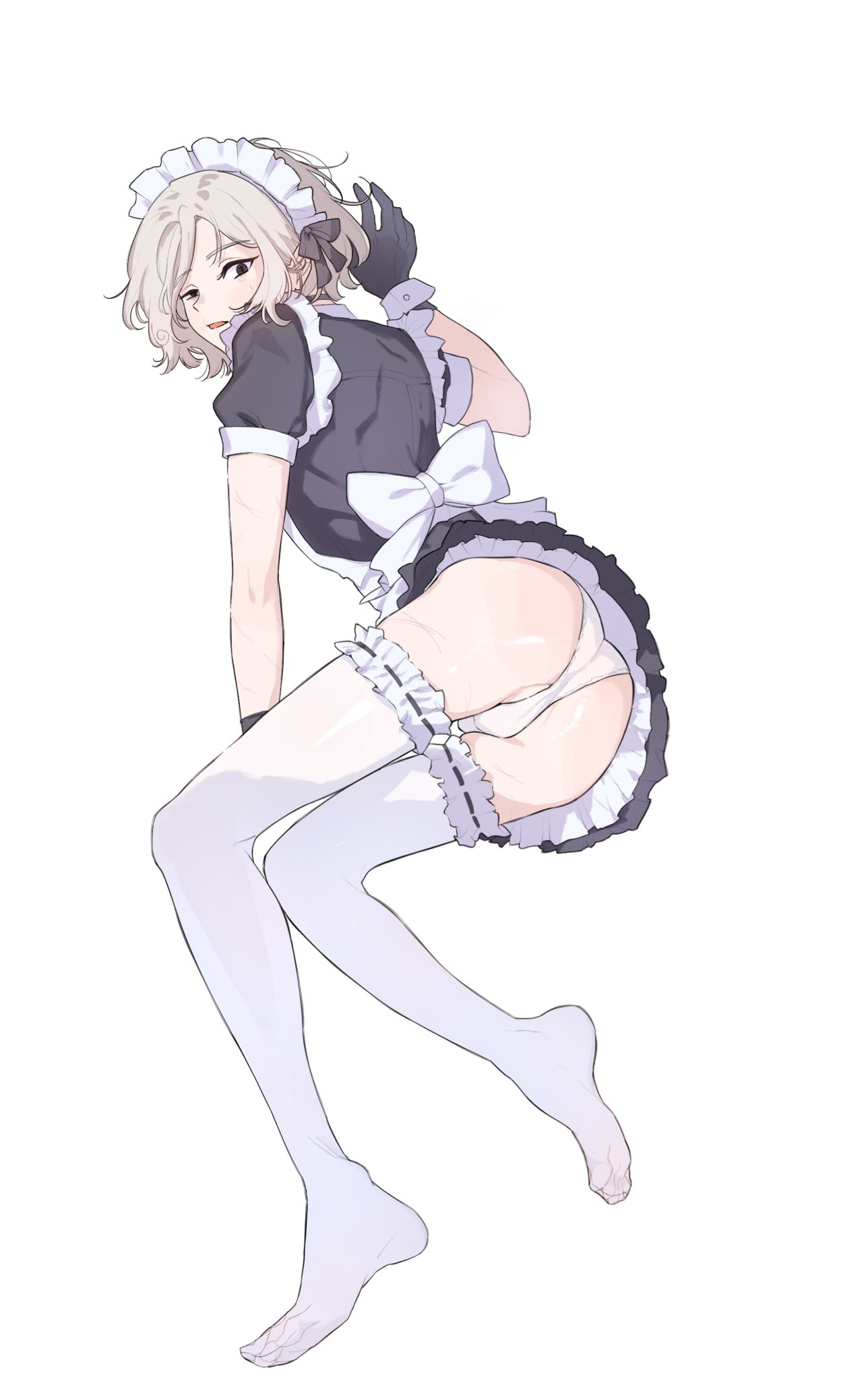 1boy, alternate costume, androgynous, apron, bags under eyes, black dress, black eyes, crossdressing, dress, dungeon meshi, elf, full body, gloves, grey hair, highres, lazy eye, looking at viewer, maid, maid apron, maid headdress, male, male focus, male maid, mchi125, mithrun, multiple scars, notched ear, on ground, open mouth, panties, panty shot, pointy ears, puffy sleeves, scar, short hair, short sleeves, solo, thighhighs, trap, underwear, uneven eyes, wavy hair, white apron, white thighhighs