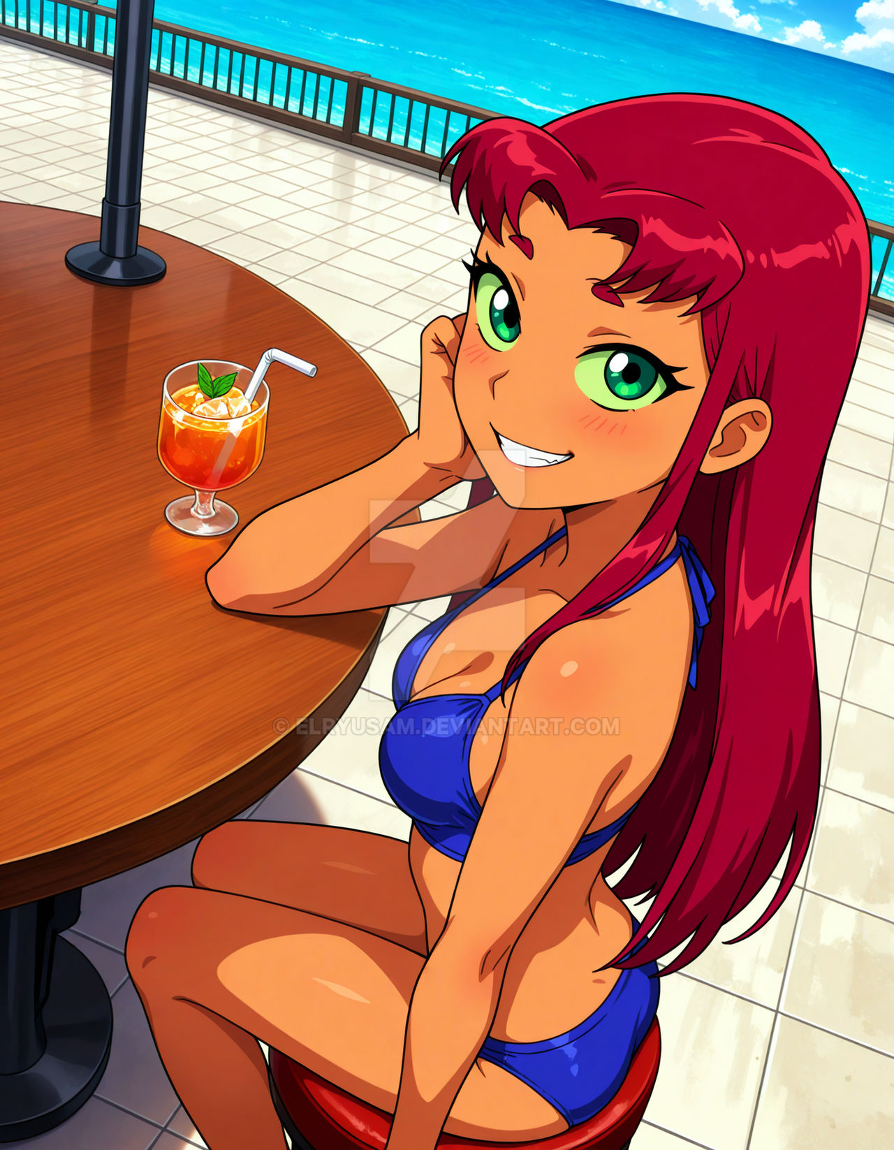 2025, ai generated, beach, cartoon network, city, dc, dc comics, dcau, deviantart, drink, elryusam, female, green eyes, meta, not porn, orange body, orange skin, purple bikini, red cheeks, red eyebrows, red hair, starfire (teen titans), teen titans, teeth showing, warner bros. animation