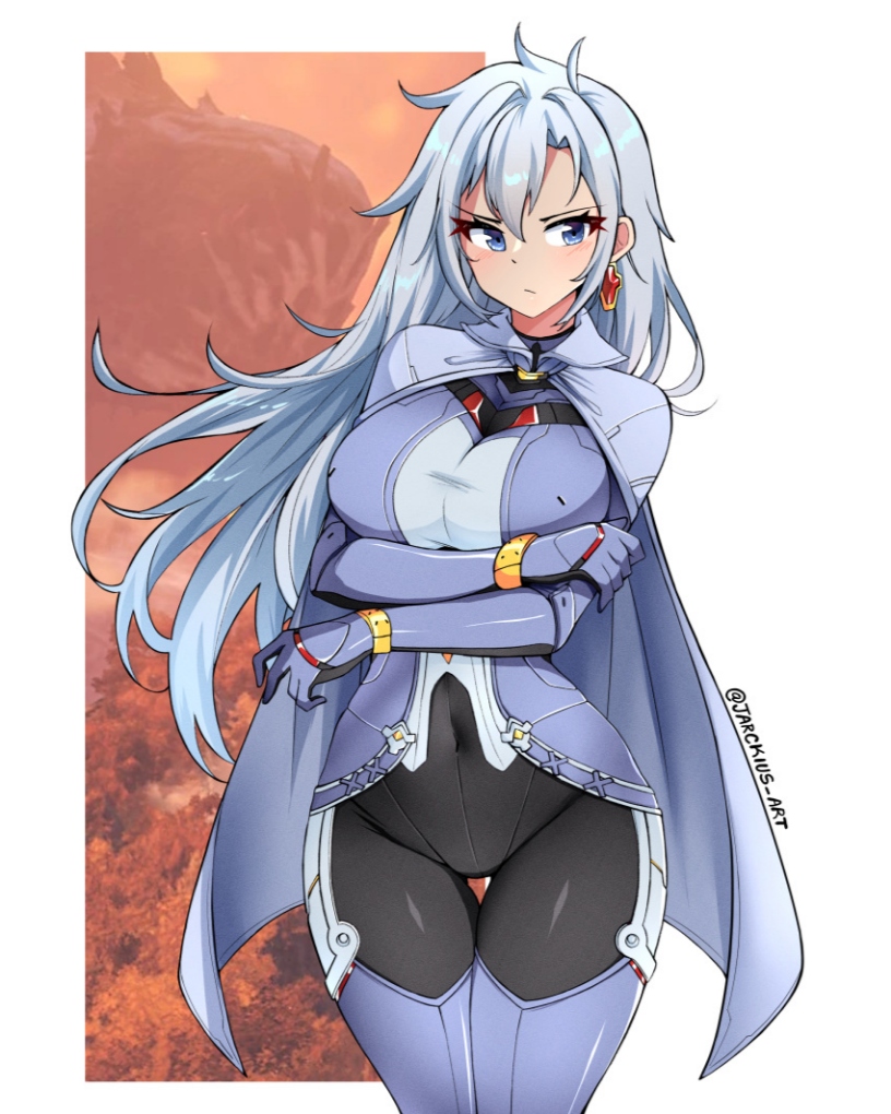 ass_visible_through_thighs bangs blue_eyes blush bodysuit breasts closed_mouth cowboy_shot crossed_arms earrings eyebrows_visible_through_hair female gloves jewelry long_hair silver_hair solo thigh_gap twitter_username