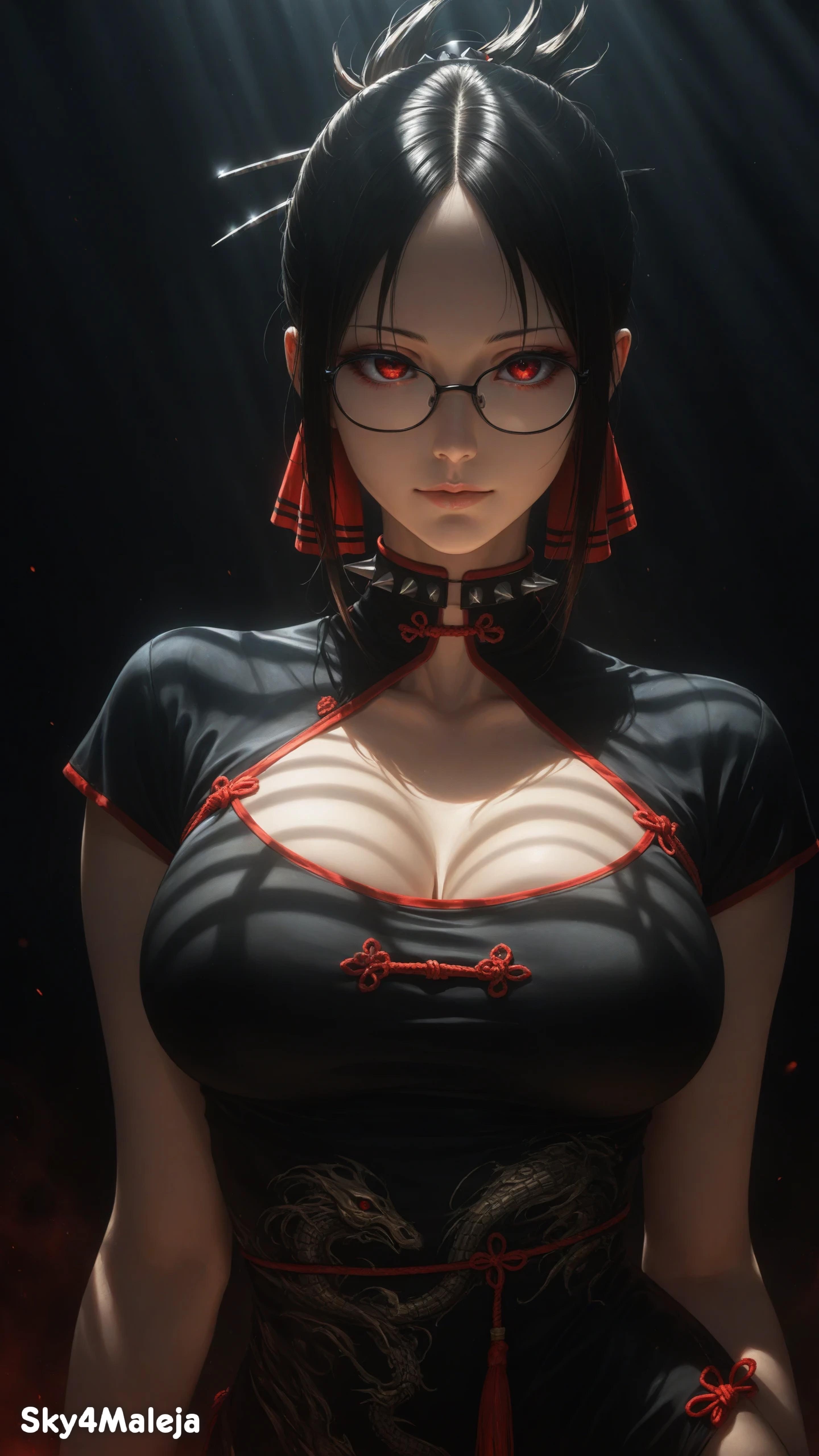 ai generated, breasts, china dress, chinese clothes, female, kaguya-sama wa kokurasetai ~tensai-tachi no renai zunousen~, large breasts, looking at viewer, red eyes, seductive, seductive look, shinomiya kaguya, short hair, sky4maleja, solo