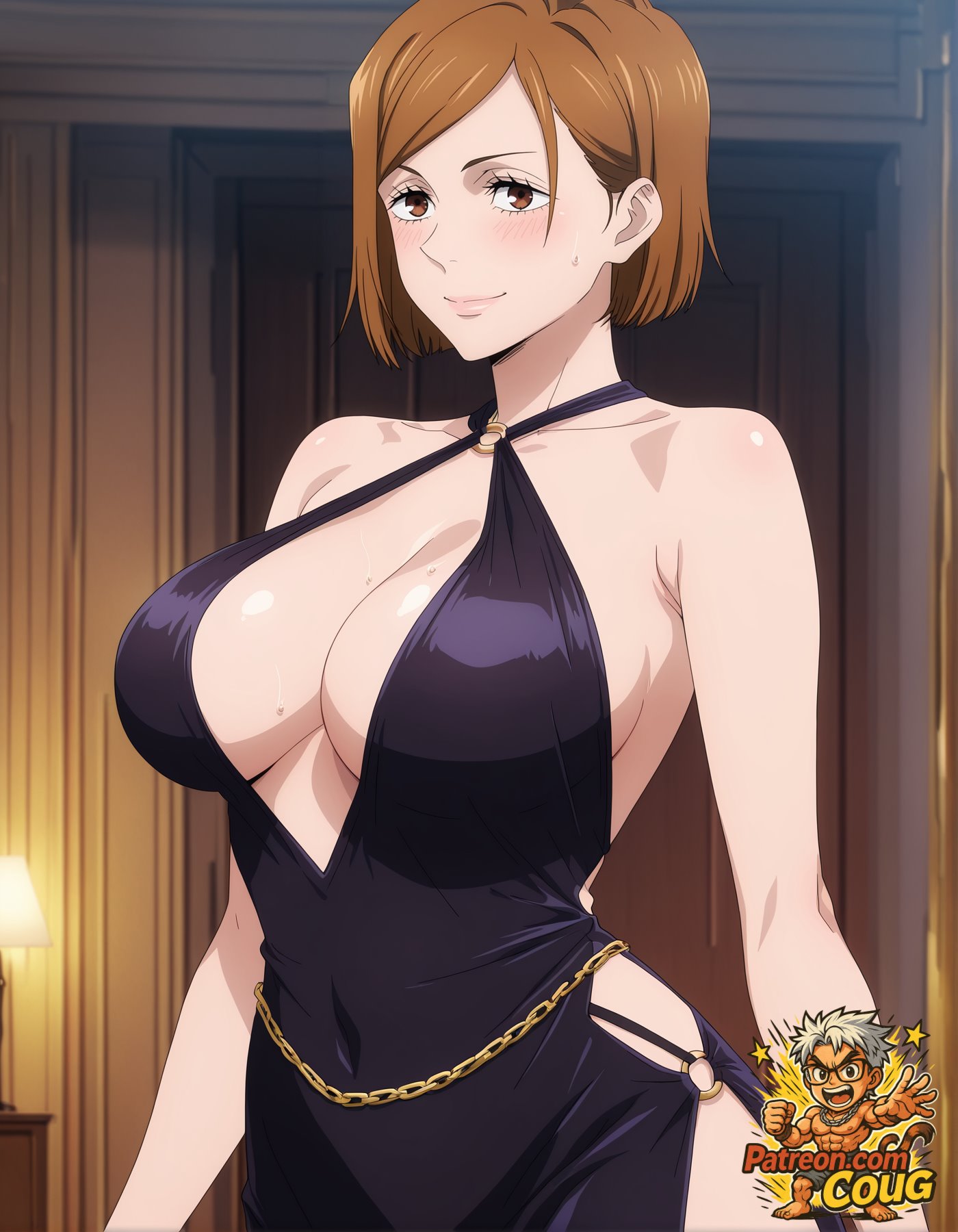 1girls, ai assisted, ai generated, blush, breasts, coug, dress, female, female only, jujutsu kaisen, kugisaki nobara, large breasts, nobara kugisaki, short hair, solo, stable diffusion