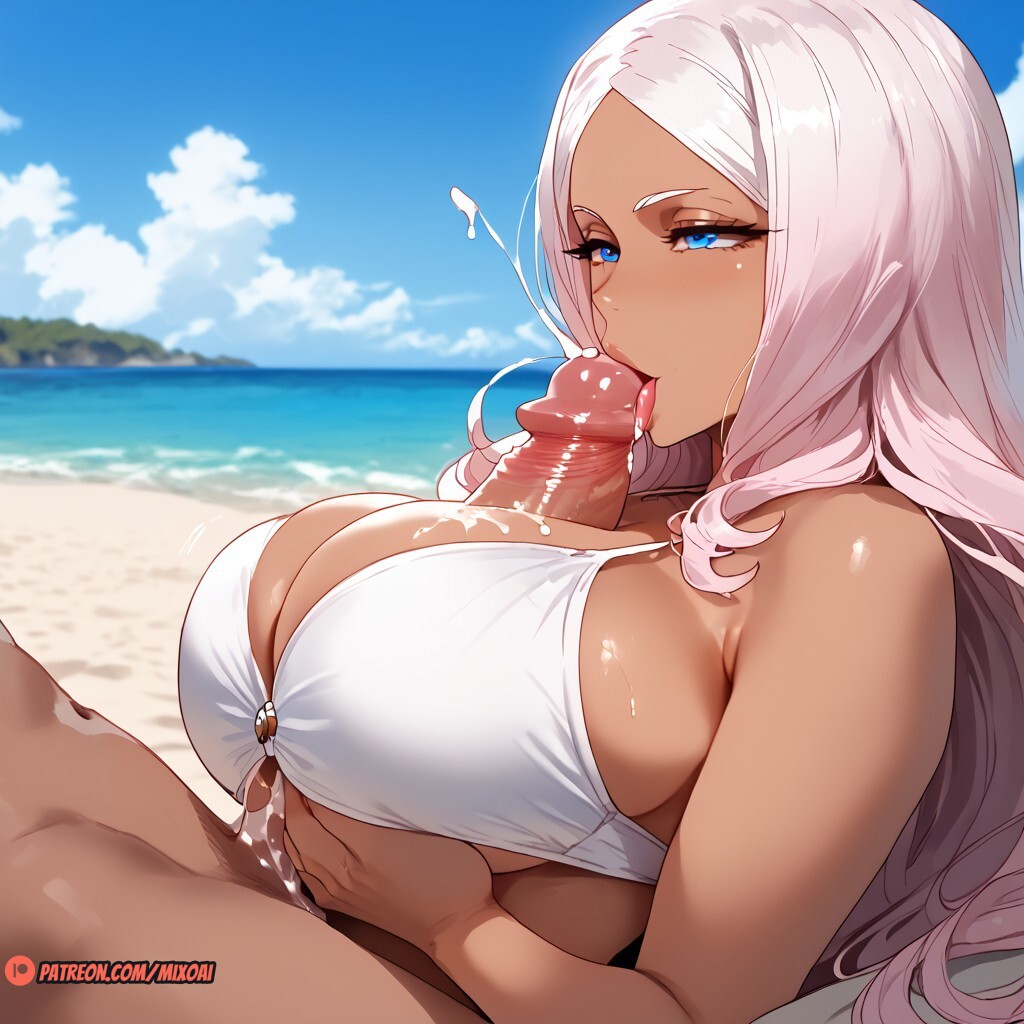 1boy, 1girls, ai generated, big breasts, blue eyes, breast grab, breasts, cum, cum in mouth, cum on breasts, cum on face, curvaceous, curvy, dark skin, dark-skinned female, en'en no shouboutai, enen no shouboutai, female, fire force, licking penis, male, mixoai, naughty face, paizuri, paizuri lead by female, penis, pink hair, princess hibana, side view, straight, tan body, thicc, titjob