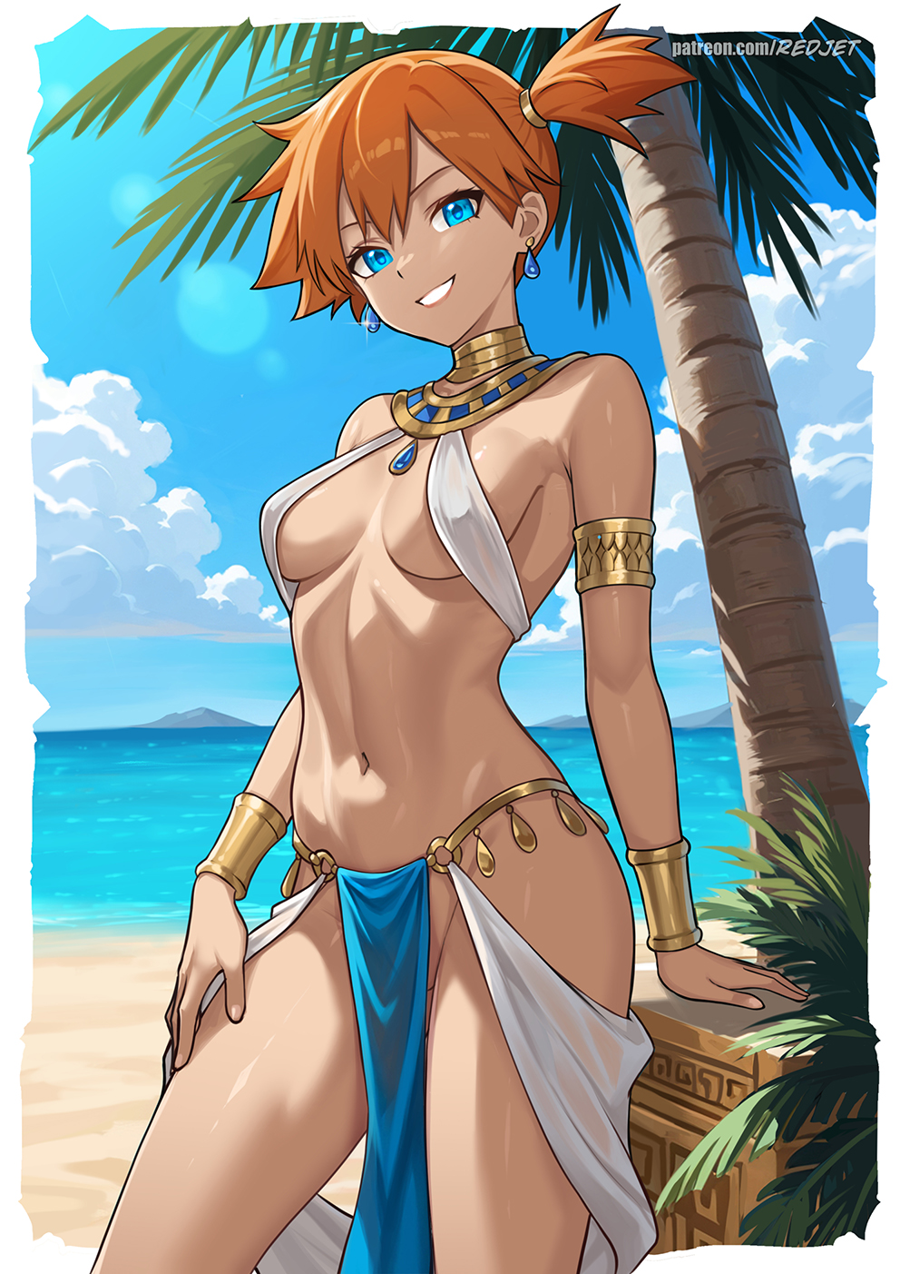 alternative_costume armlet asymmetrical_hair bangle bangs bare_arms bare_shoulders beach bikini blue_eyes blue_sky blush bracelet breasts clavicle cleavage clothing cloud dark_skin day earrings eyelashes female female_only grin hand_on_own_thigh hand_on_thigh high_resolution jewelry kasumi_(pokemon) large_breasts legs looking_at_viewer medium_breasts midriff navel necklace nipples ocean orange_hair outdoors palm_tree parted_lips pelvic_curtain pokemon ponytail redjet revealing_clothes sand shiny shiny_skin short_hair side_ponytail sky smile solo standing stomach swimsuit thick_thighs thighs tied_hair tree water wide_hips