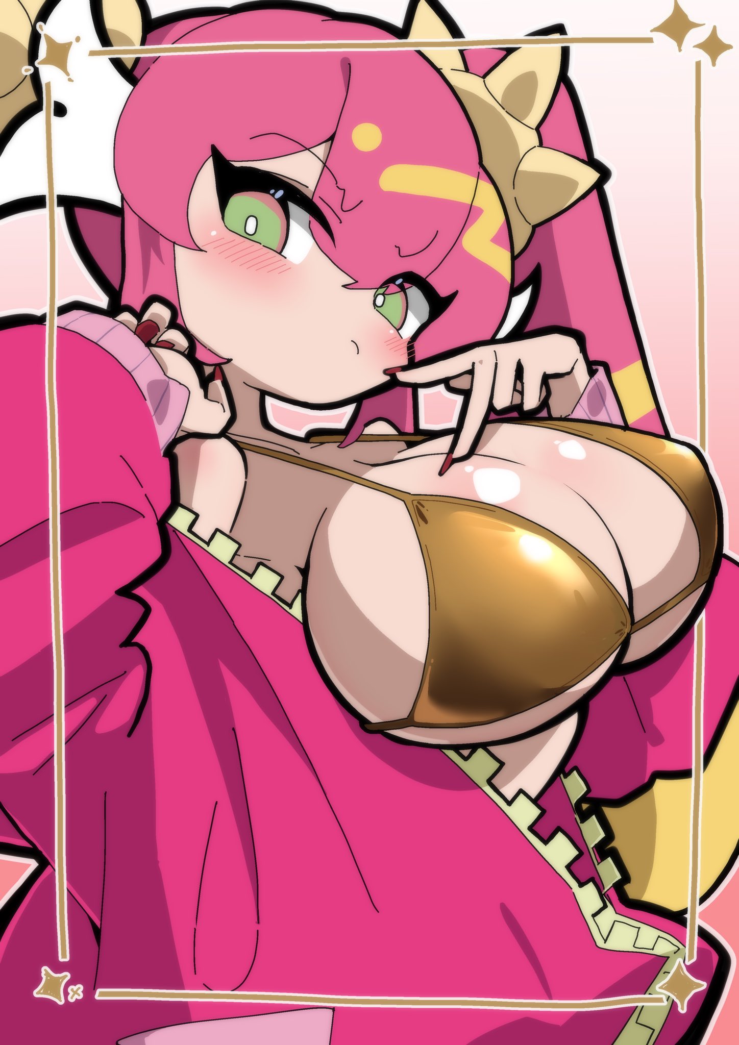 bikini, blonde hair, blush, breasts, cowboy shot, duel monster, female, gold bikini, golden week, golden week bikini, green eyes, highres, huge breasts, jacket, ki-sikil (yu-gi-oh!), live twin ki-sikil, long hair, multicolored hair, open clothes, open jacket, pink background, pink hair, pink jacket, simple background, solo, streaked hair, swimsuit, twintails, two-tone hair, urasuka, very long hair, yu-gi-oh!