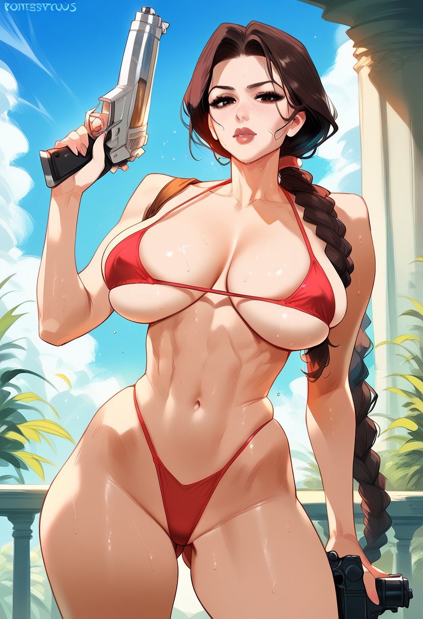 1girls 2d ai_generated big_breasts braid day female female_focus female_only gun highleg holster lara_croft lips ponytail red_bikini single_braid solo solo_female solo_focus tagme tomb_raider