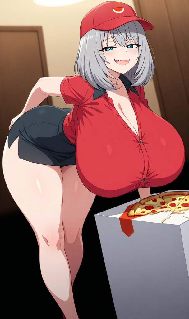 ai_generated blue_eyes huge_breasts pizza pizza_delivery silver_hair smug tejina_senpai tejina_senpai_(character) thick_thighs