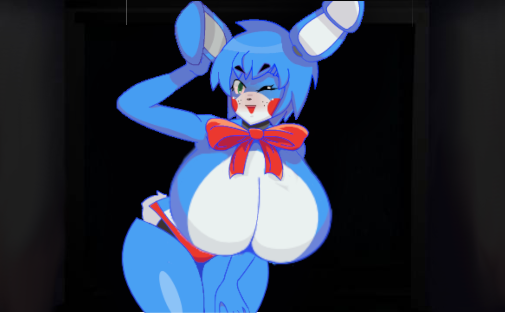 alternate breast size, android, animatronic, anthro, big breasts, blue body, blue fur, blue hair, blue skin, bow, bowtie, breasts, breasts bigger than head, bunny ears, bunny girl, bunny tail, camera, camera view, cleavage, deviantart, ear, edit, edited, featureless breasts, female, five nights at freddy's, five nights in anime, fnaf, fnia, freckles, freckles on face, furry, gameplay mechanics, gigantic breasts, green eyes, huge breasts, hyper, hyper breasts, mairusu-paua, massive breasts, no nipples, open mouth, pose, posing, rabbit, rabbit girl, red panties, red thong, ribbon, robot, robot girl, robot humanoid, seductive, solo, teasing, thick thighs, thighs, thong, toy bonnie (fnaf), toy bonnie (fnia), transparent background, white body, white fur, white skin, wink, winking, winking at viewer