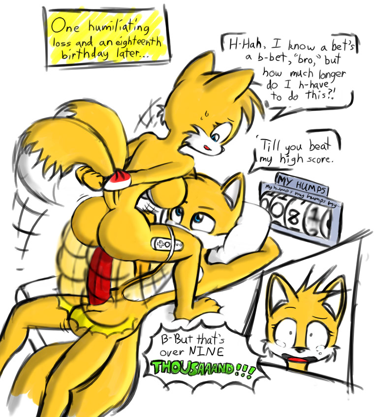 1boy 1girls anthro big_breasts blue_eyes bondage bound breasts canine duo english_text female fox fur furry_tail huge_breasts huge_cock male mammal multiple_tails norithics over_9000 penis rule_63 sega selfcest sex sonic_(series) tail tails tailsko text