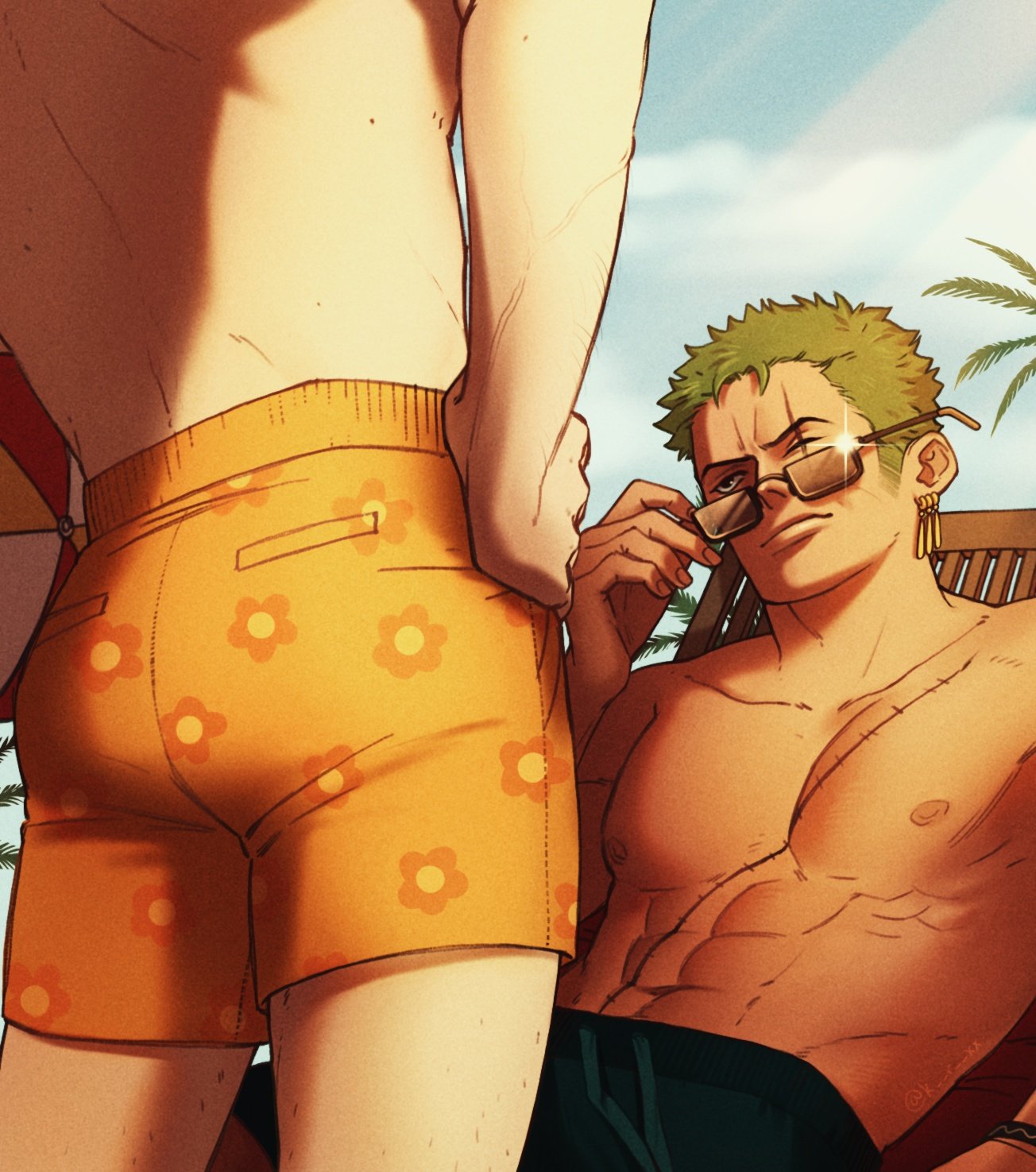 2boys, 2guys, ass, ass focus, bara, beach, beach chair, beachwear, earrings, gay, green hair, hand on hip, looking at another, looking at partner, male, male only, male/male, muscles, muscular, muscular male, no sex, no sex (yet), one piece, orange shorts, roronoa zoro, scar, scar across eye, scar on face, scars, shorts, smirk, smirking, smirking at another, smirking at partner, sunglasses, sunglasses on head, swimming trunks, toned, toned body, toned male, twunk, vinsmoke sanji, yaoi